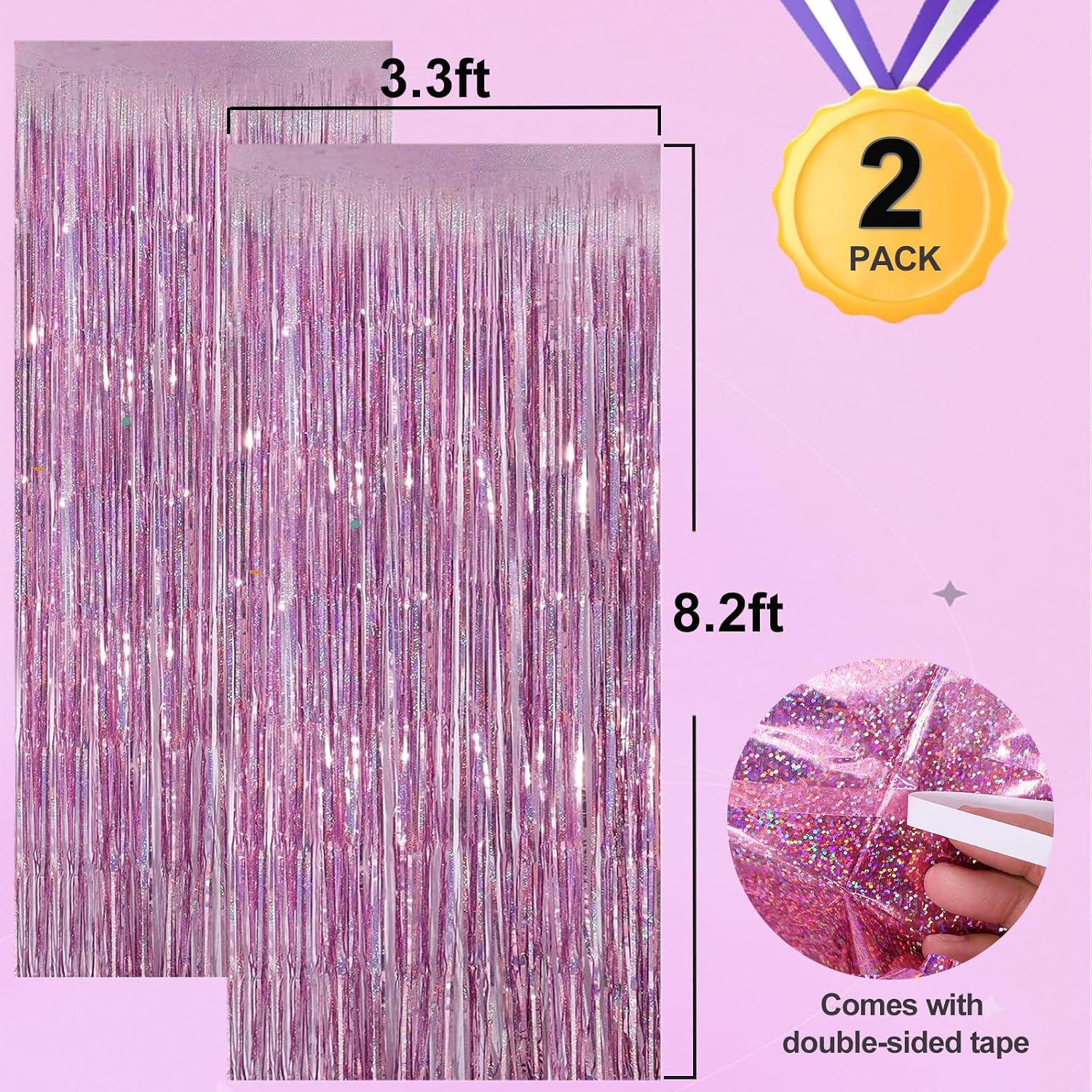 Detalle de Lericttor 2Pcs 3.3ft x 8.2ft Pink Glitter Foil Curtain Backdrop (2 Pack) for Parties