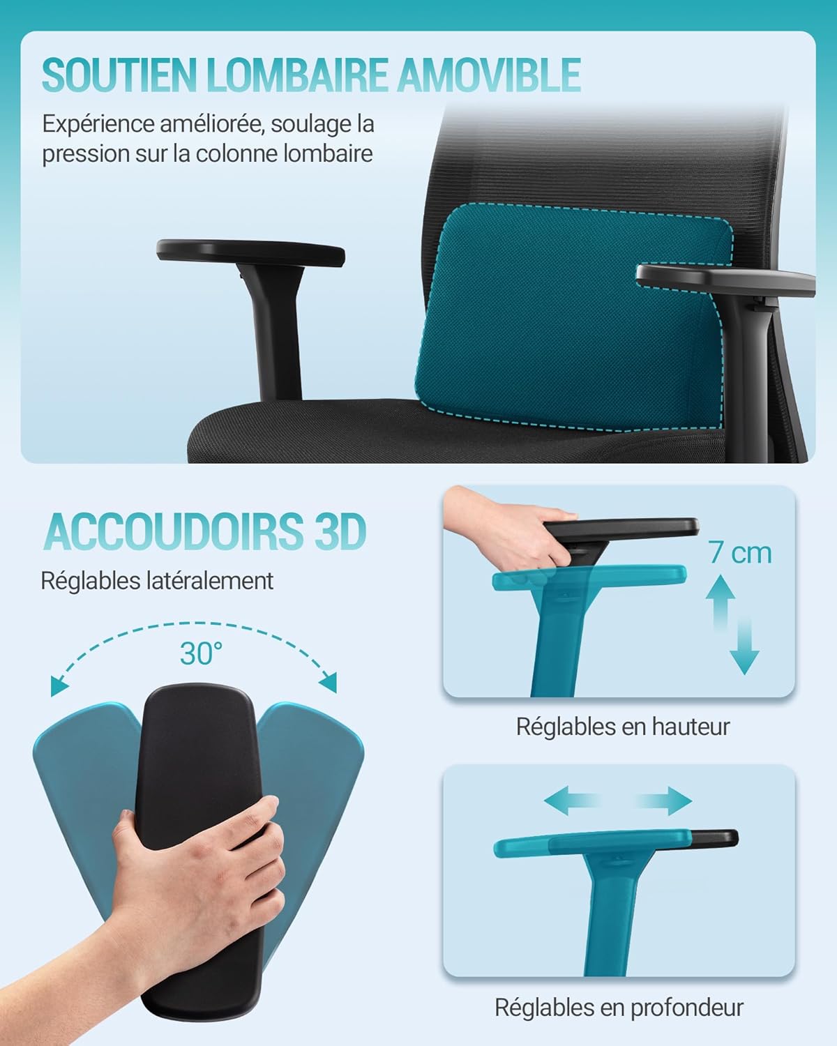 Thumbnail 3 de Hzuaneri Chaise de bureau ergonomique ON00199B avec appui-tête et soutien lombaire réglables (jusqu’à 150 kg), noir