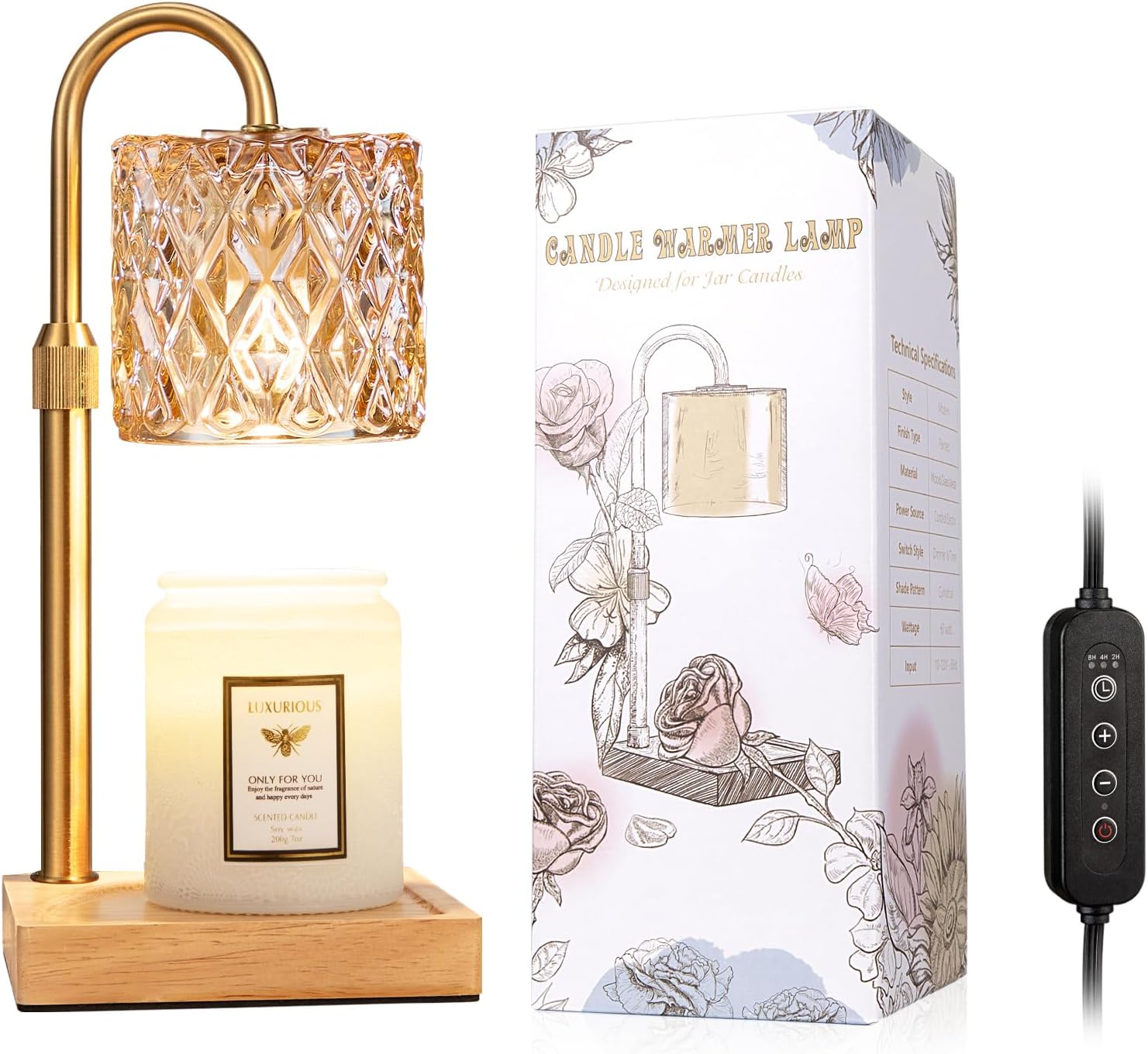 Thumbnail 6 de Hong-in 6W8Q4 Candle Warmer Lamp with Timer, Adjustable Height and Amber Glass