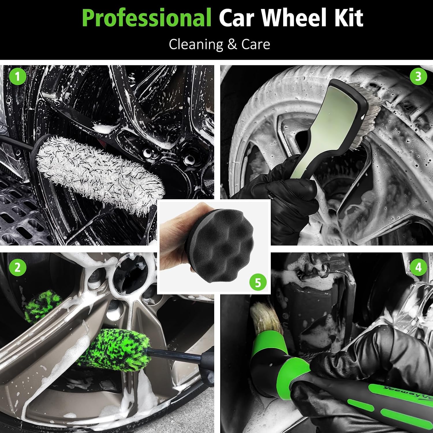 Thumbnail 1 de YeewayVeh 5PCS Pro Wheel Detailing Kit: 360° Bendable Wheel Brush, Premium Boar Hair Brush & Tire Shine Applicator