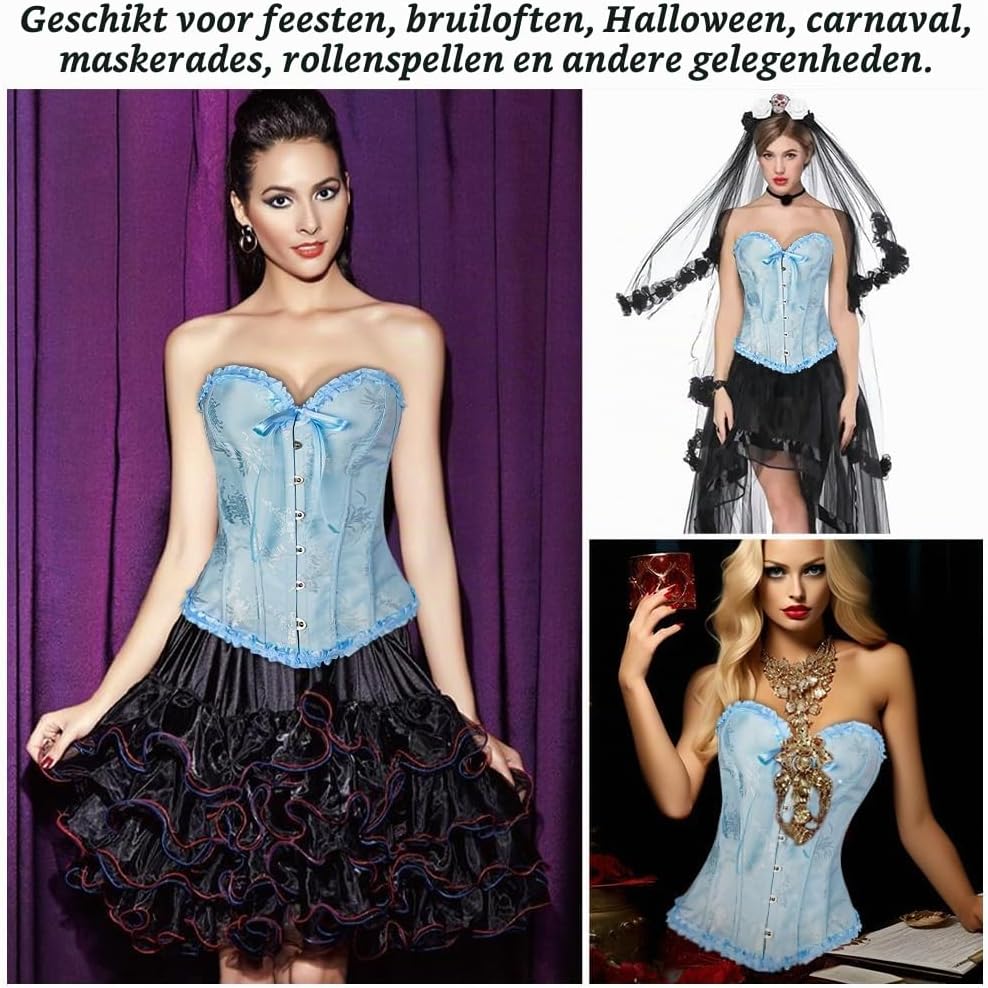 Detalle 2 de AUYAO Gothic korset voor dames van satijn met kant, figuurvormende bustier
