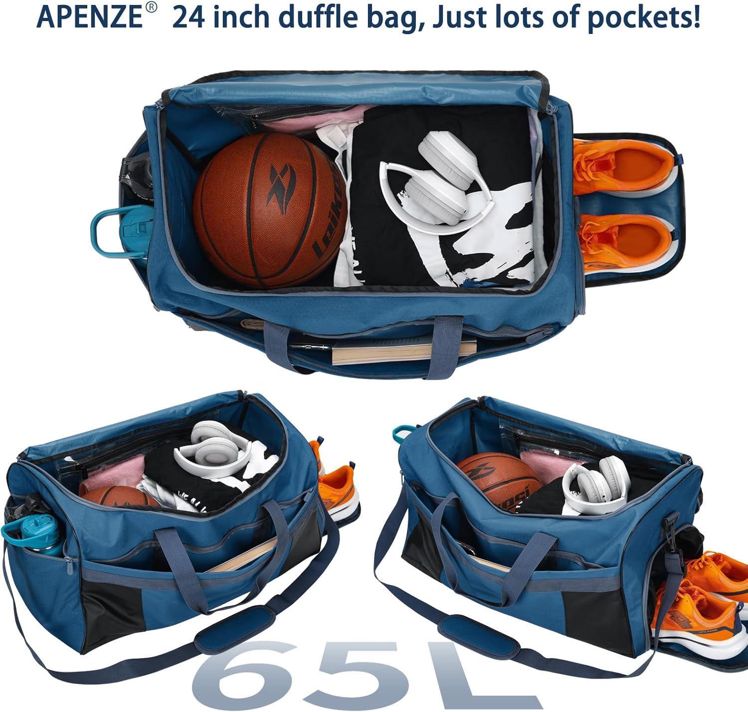 Detalle de Apenze 65L Gym Bag with Wet/Dry Compartment and Shoe Sleeve – Royal Blue
