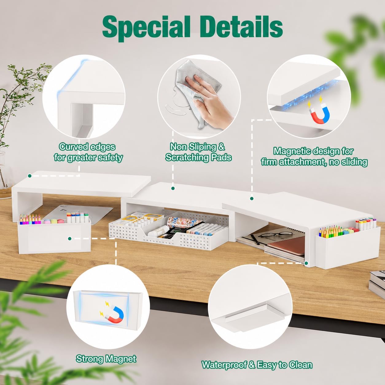 Thumbnail 2 de OPNICE Desk Organizer Monitor Stand with Drawer, 2 Pen Holders, White