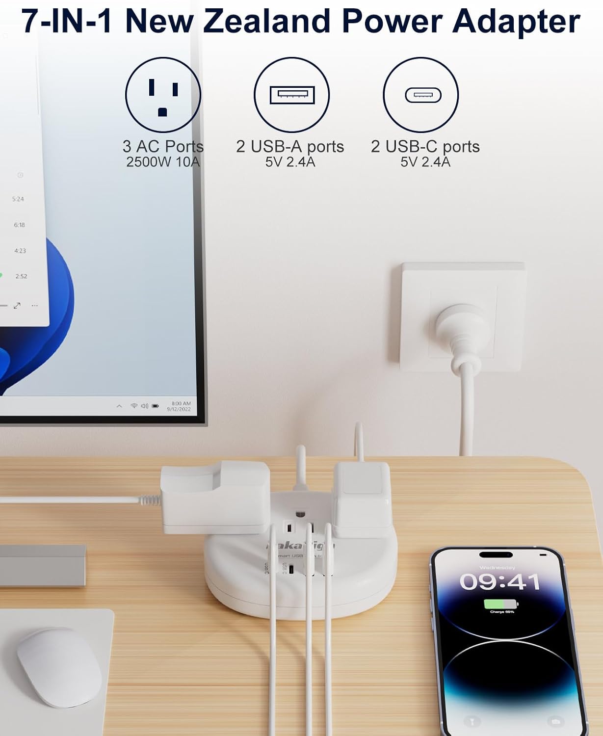 Detalle de kakahigh 771 Australia Travel Adapter, 3 AC Outlets, 4 USB Ports