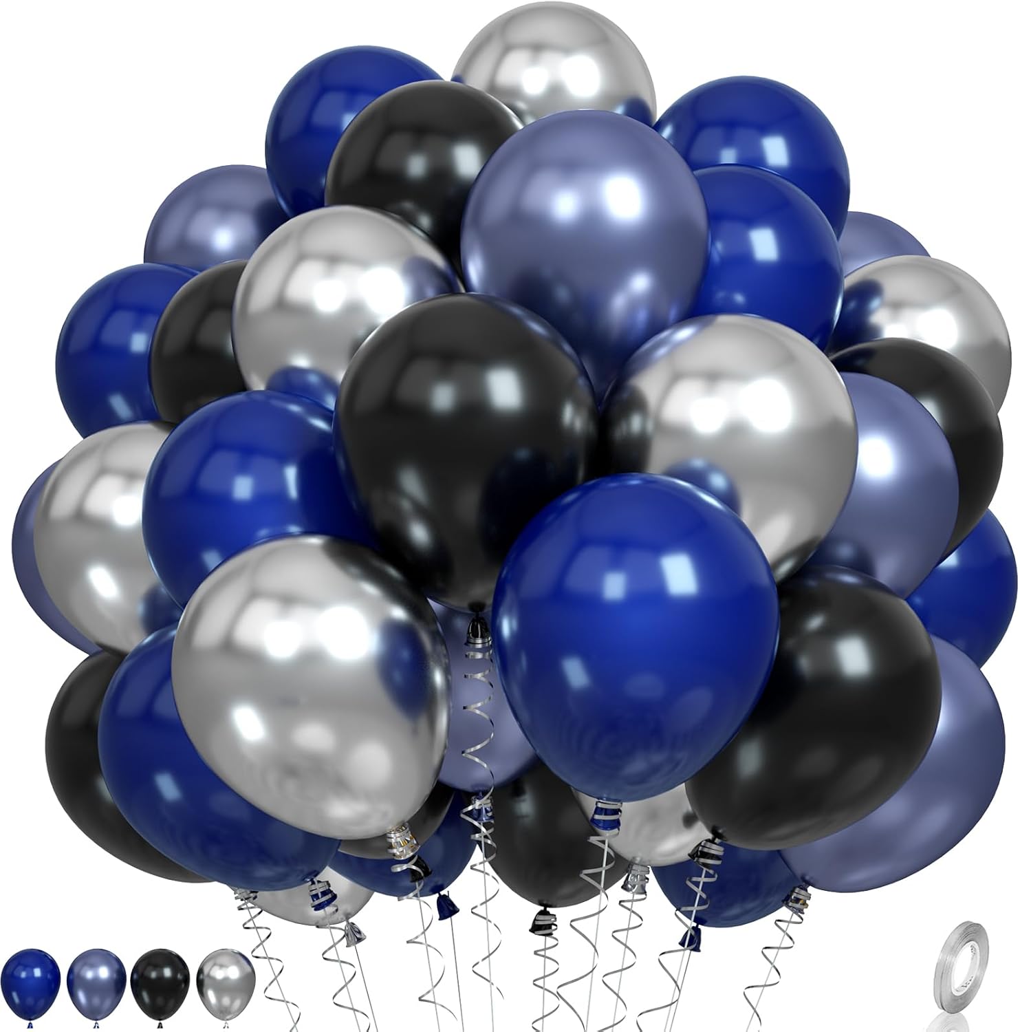 Detalle de Blue and Black Balloons Set — Navy, Silver, and Black Latex Party Balloons (61 Pieces)