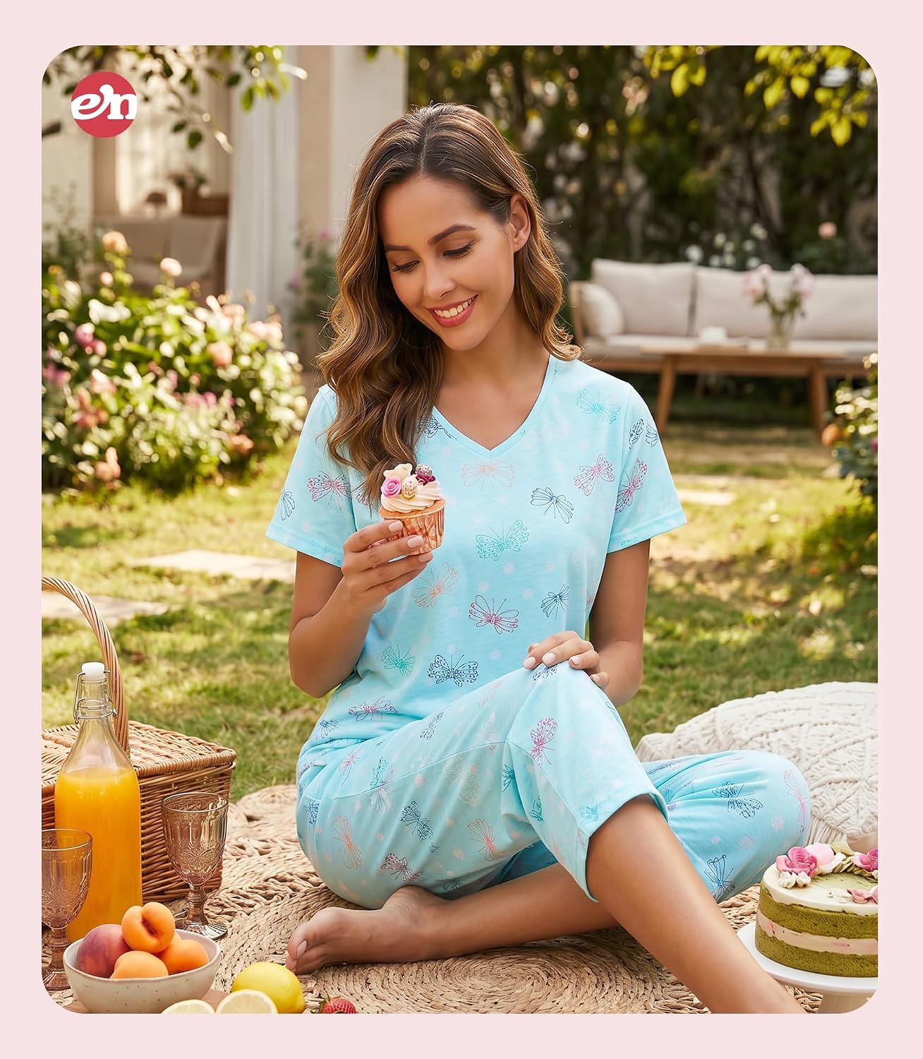 Thumbnail 3 de ENJOYNIGHT Women’s Cotton Pajama Set (Short Sleeve Top & Capri Pants) 2-Piece Lounge Sleepwear