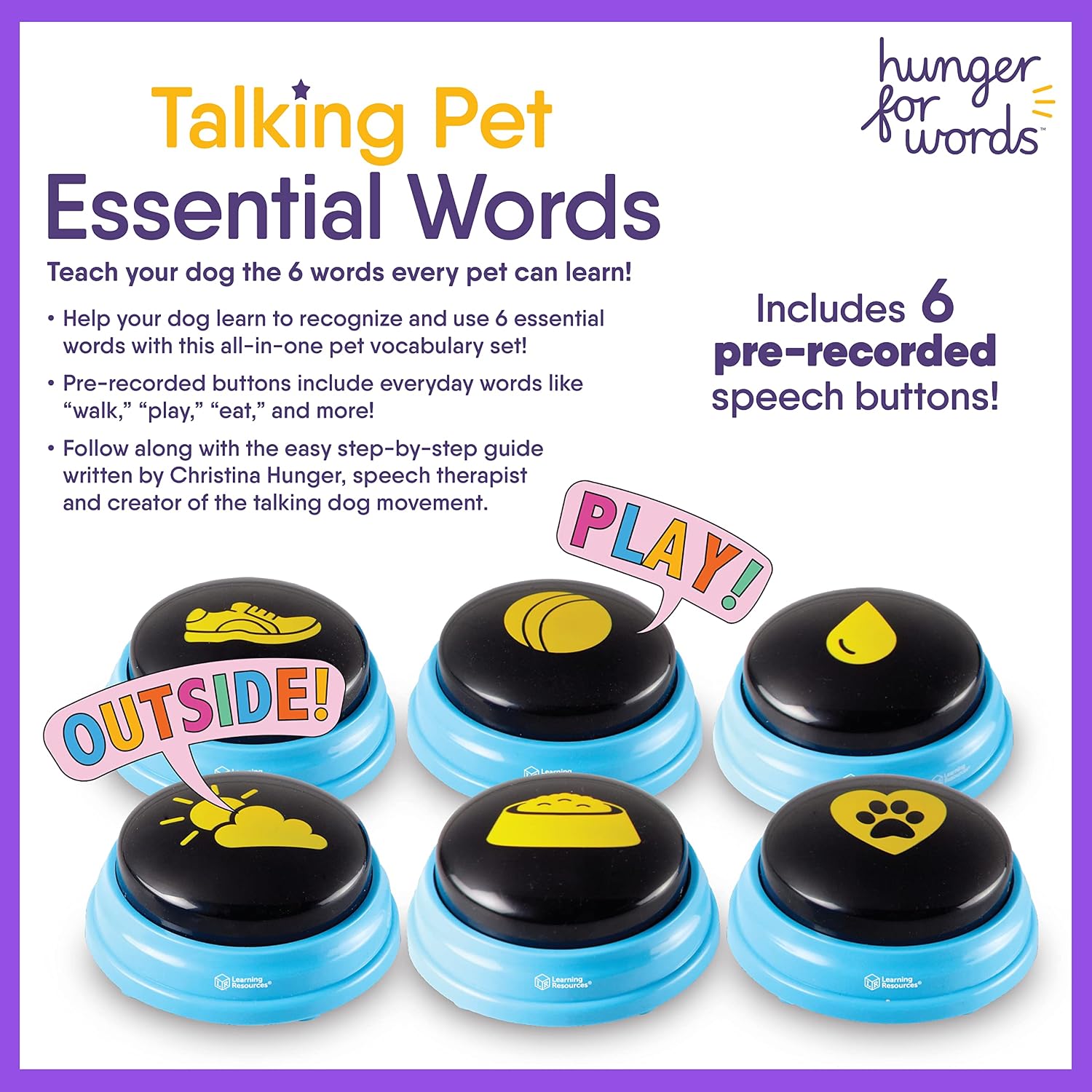 Detalle de Hunger for Words Talking Pet Essential Words - 6 Piece Set Pre-Recorded Speech Buttons for Dogs