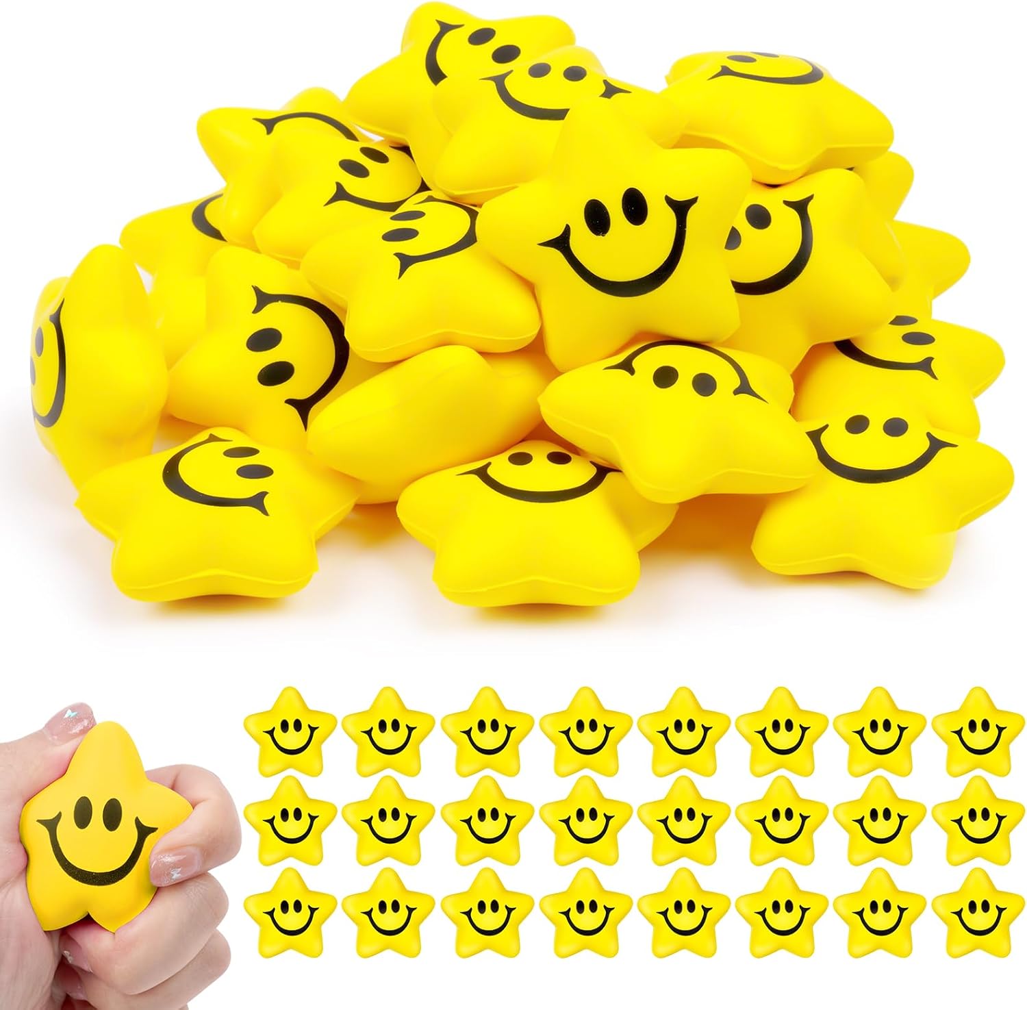 Detalle 2 de Ainiv 24 Stück Stern-Stressbälle Schlüsselanhänger – bunte Schneeflocken aus PU-Schaum mit Smiley