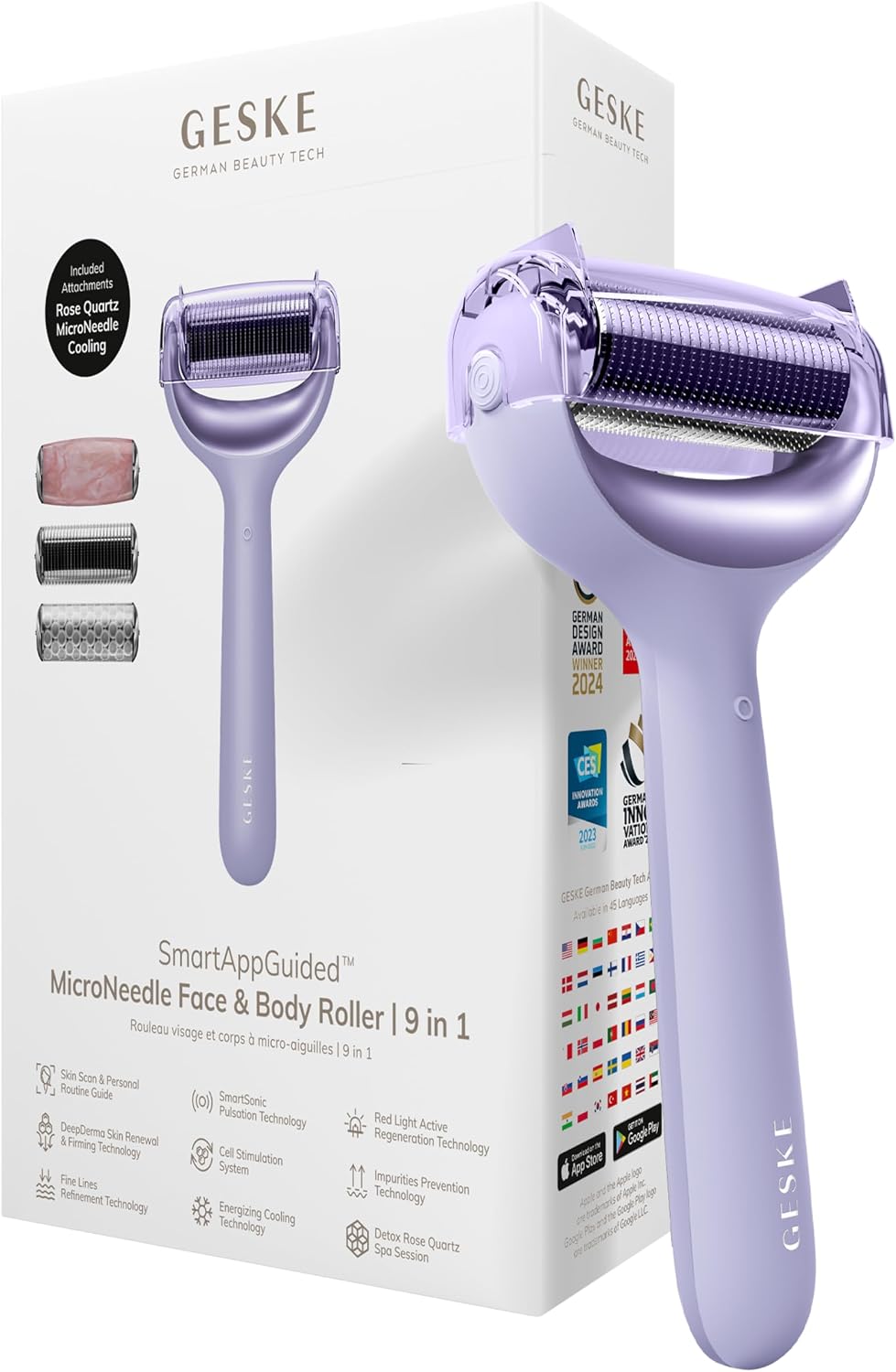 Detalle de GESKE SmartAppGuided MicroNeedle Face & Body Roller 9 en 1 – Quartz rose
