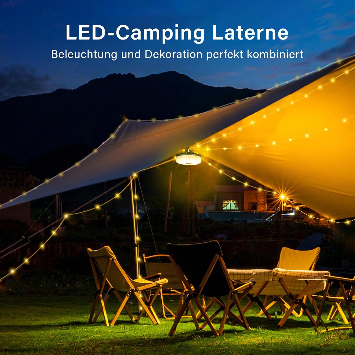 Detalle 2 de Camping Lichterkette Aufrollbar & Wasserdicht – 10 m, 8 Beleuchtungsmodi, 2500 mAh Powerbank, USB-Aufladung – Ideal fürs Zelt, Garten & Festival