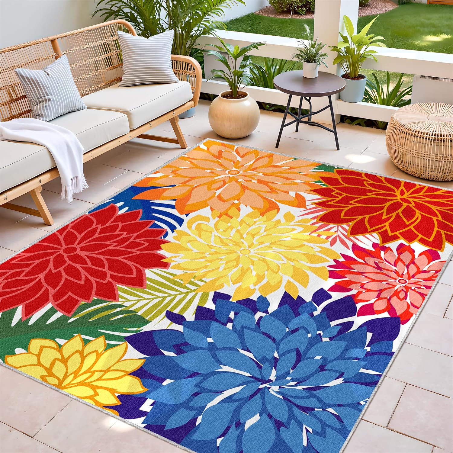 Thumbnail 2 de Colorful 9x12 Outdoor Area Rug: Multicolor Floral Chenille, Washable & Non-Slip