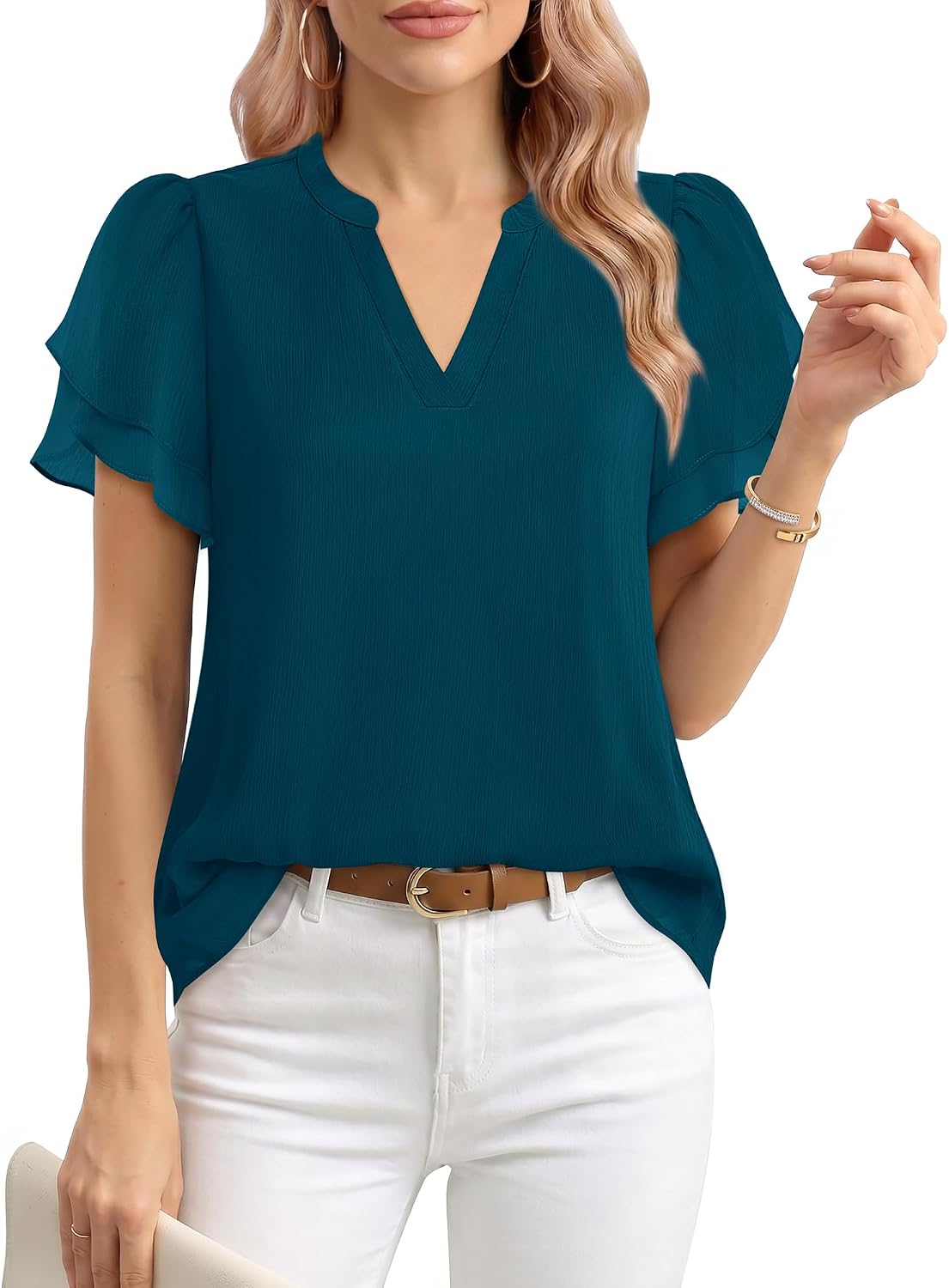 Detalle de Lotusmile Womens Dressy Chiffon Blouses: Summer Puff Petal Short Sleeve V-Neck Top
