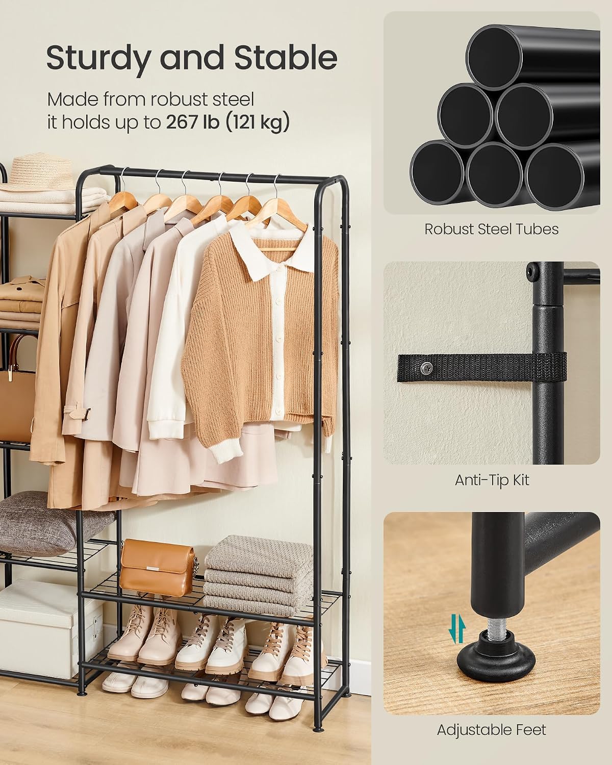 Thumbnail 4 de SONGMICS LGR463B01 Clothes Rail, Steel Open Wardrobe with Shelves, Matte Black