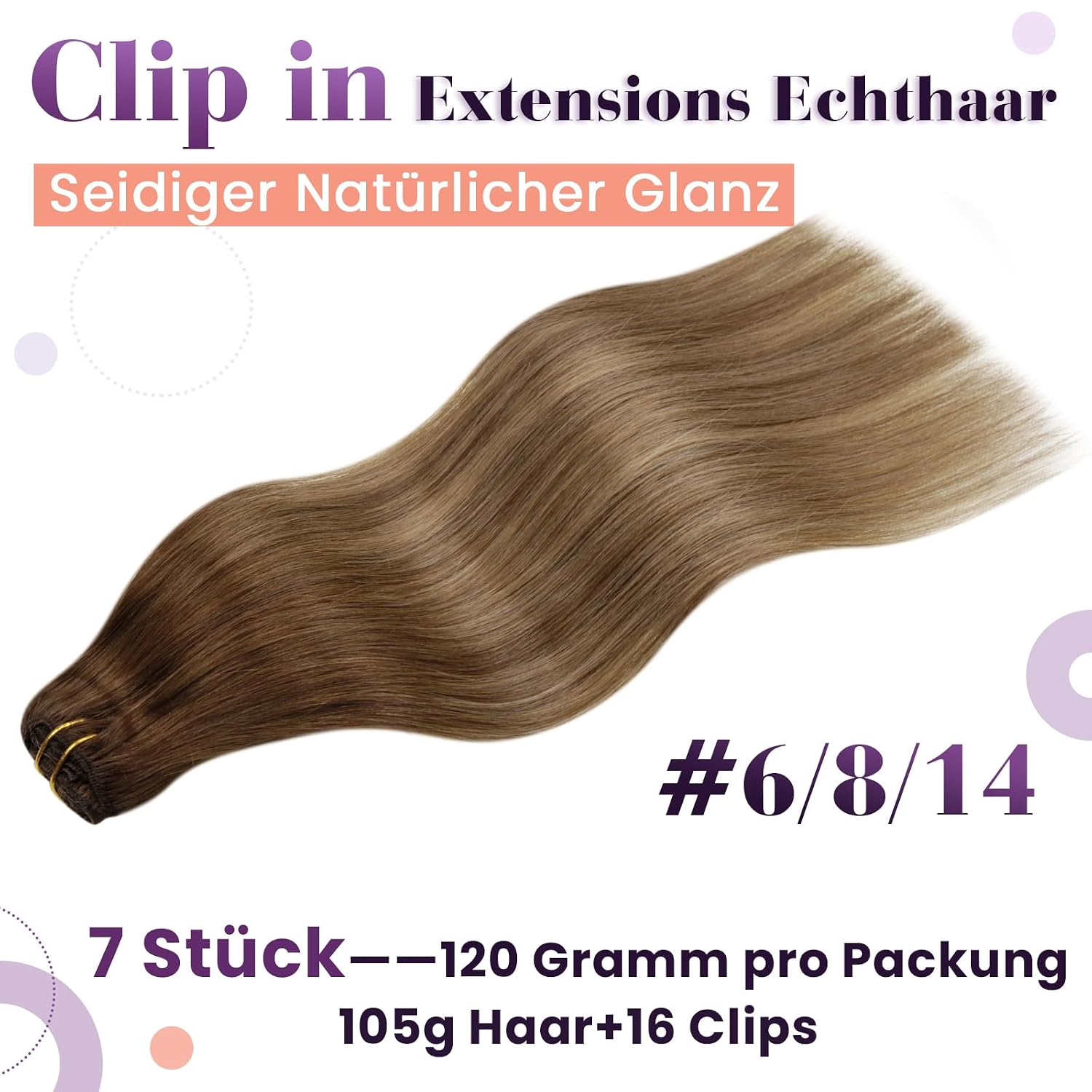 Thumbnail 2 de LaaVoo Echthaar Extensions Clip – Aschiges Hellbraun, 7 Stück, 40 cm, 105 g