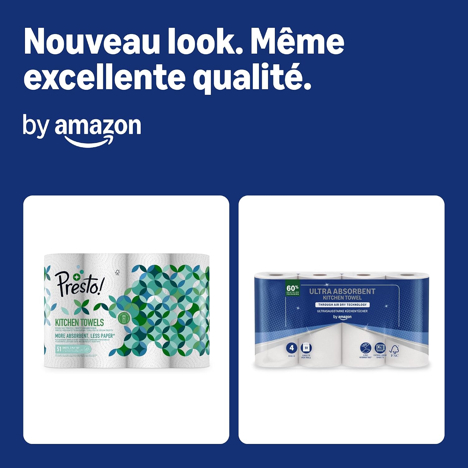 Detalle de Presto! Essuie-tout TAD Extra Absorbant – Lot de 32 rouleaux (51 feuilles par rouleau) – FSC certifié