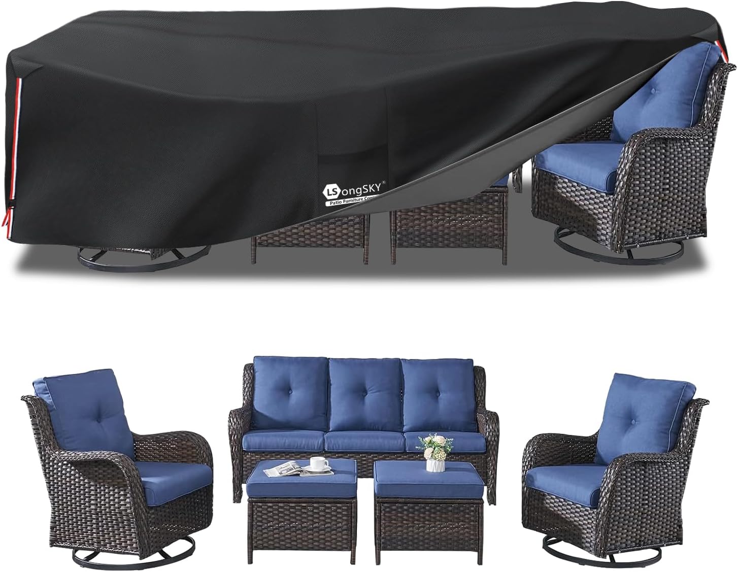 Detalle de LSongSKY Rectangular 111"L x 74"W Patio Furniture Cover, 600D Waterproof Oxford