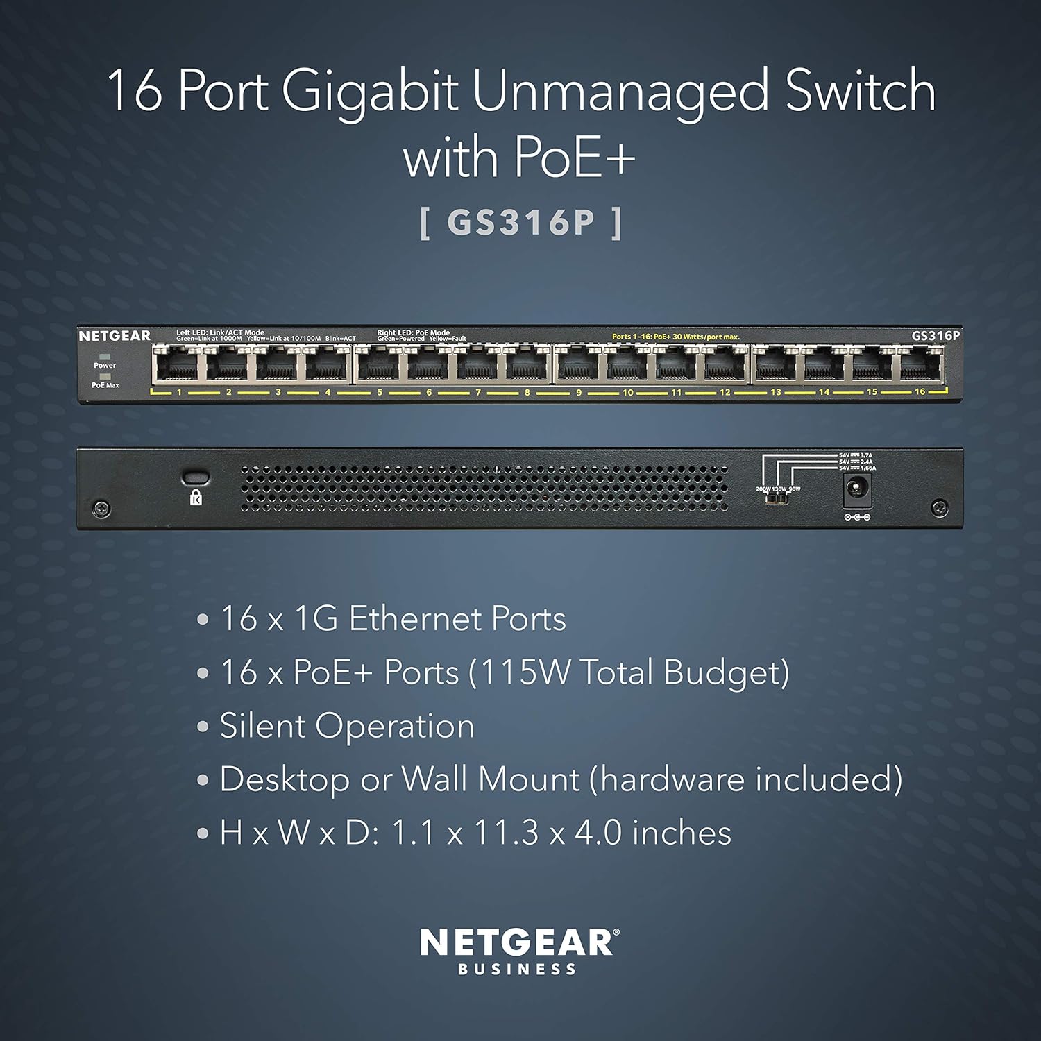 Thumbnail 1 de NETGEAR 16 Port PoE Switch GS316P — 16-port desktop or wall-mount PoE Ethernet switch (plug-and-play)