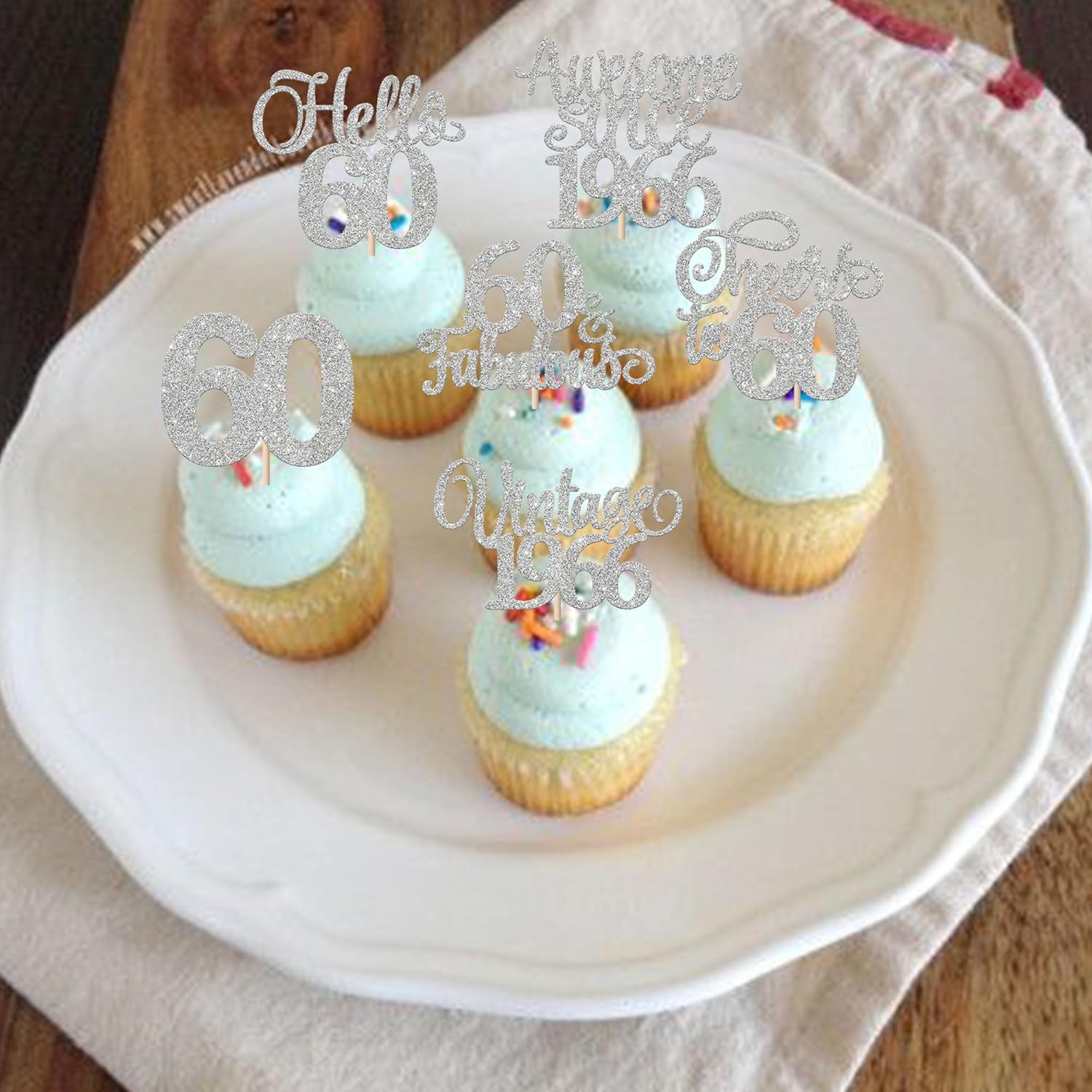 Detalle 2 de Xsstarmi 24 Pack Vintage 1966 Cupcake Toppers Glitter Silver Hello 60 Fabulous Cupcake Picks