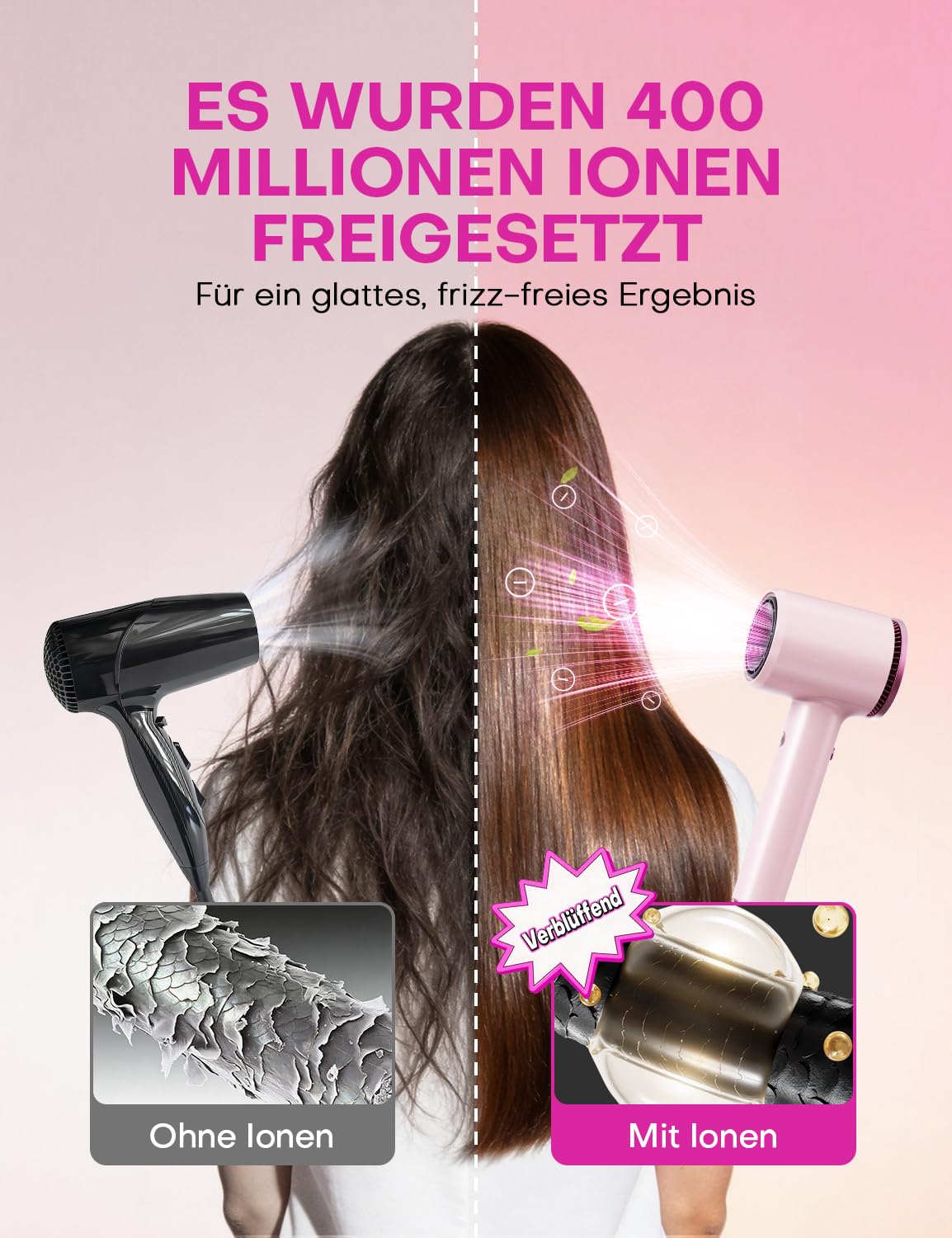 Detalle de Hochgeschwindigkeits-Ionen-Föhn mit Diffusor – 1600 W, 110.000 U/min, rosa