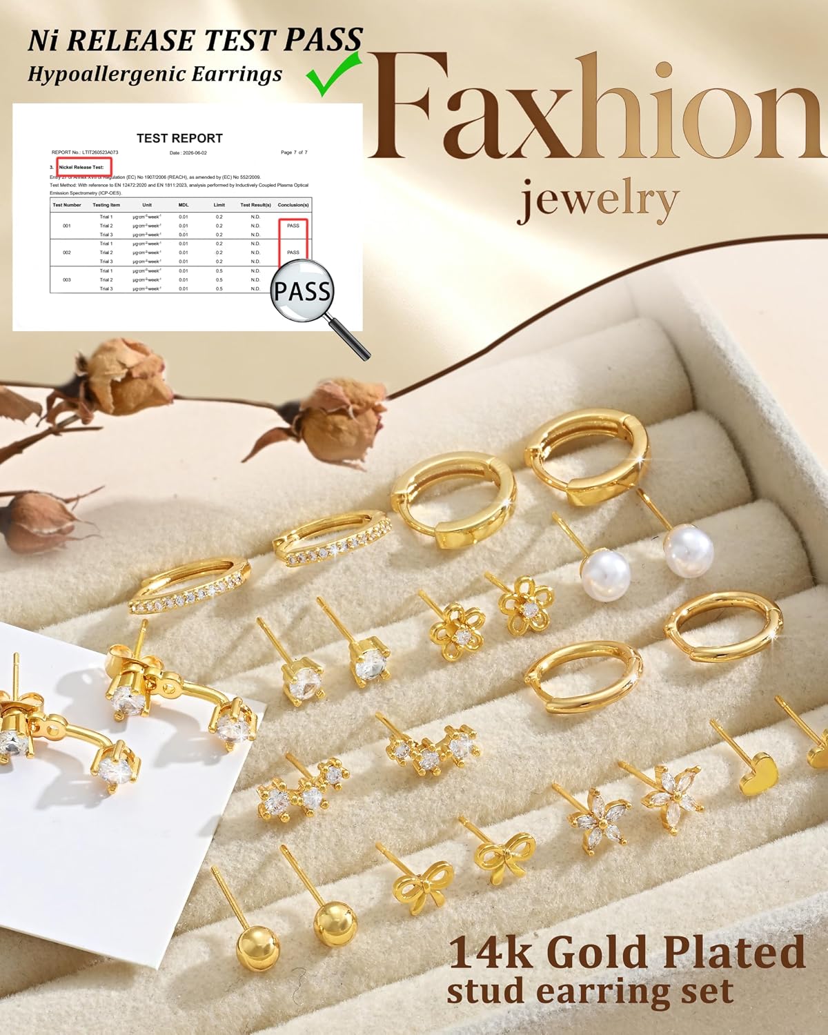 Detalle de Gold-Plated Stud Earrings Set, 12 Pairs