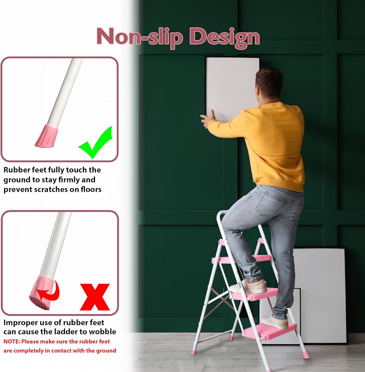 Thumbnail 3 de BONTEC Klappbare Trittleiter mit 3 Stufen (150 kg) – kompakt faltbar, rutschfeste Pedale in Rosa