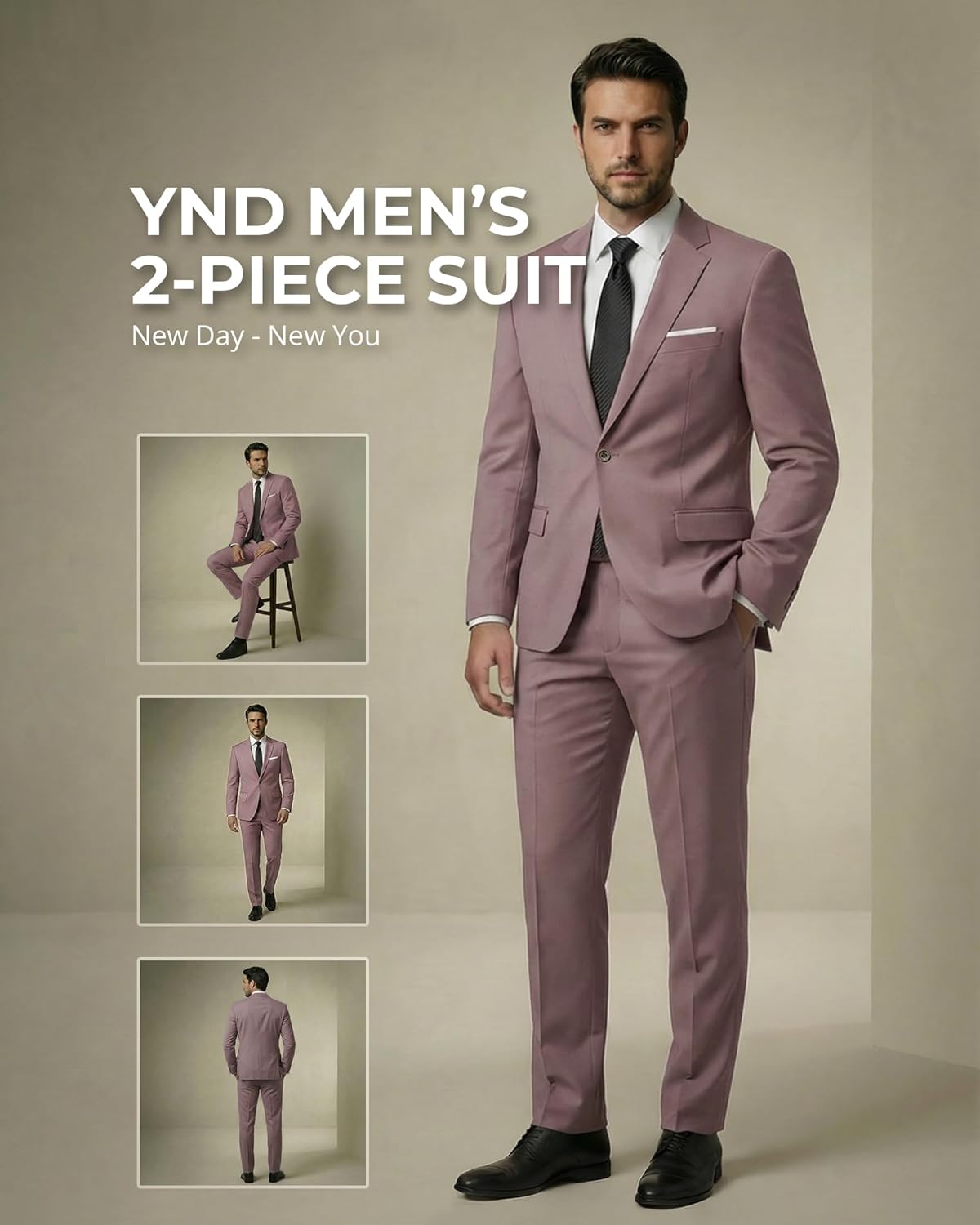 Thumbnail 1 de YND Men's 2 Piece Suit with Tie — Slim Fit One-Button Jacket with Matching Pants