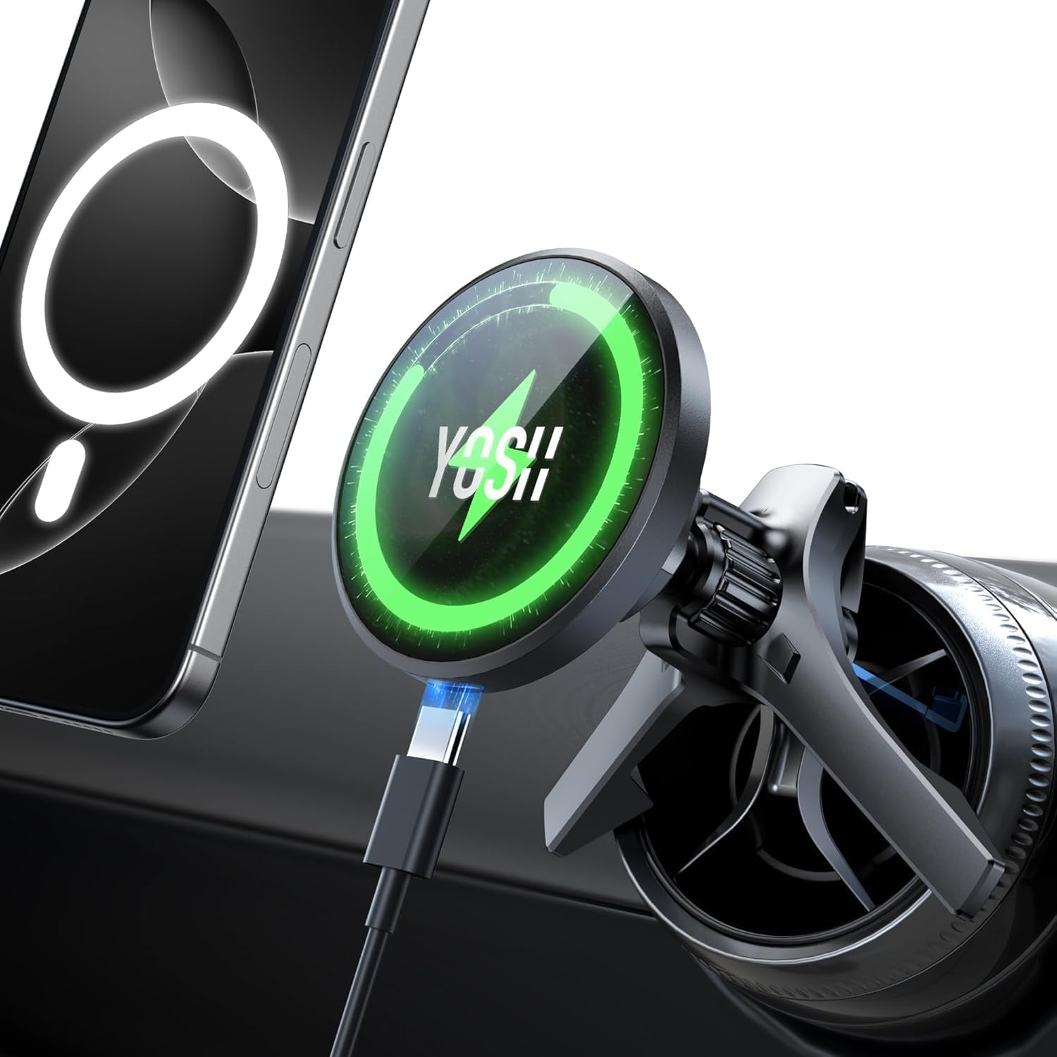 Detalle de YOSH MagSafe Autohalterung mit Ladefunktion für Mercedes (rundes Lüftungsgitter) – mit starken N52-Magneten