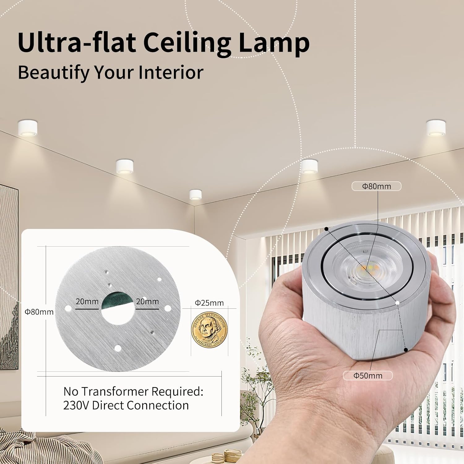 Detalle de GeyouLux LED Aufbauspot dimmbar (3CCT, 30° schwenkbar) extra flach, Ø80x50 mm – inkl. 5W LED Modul