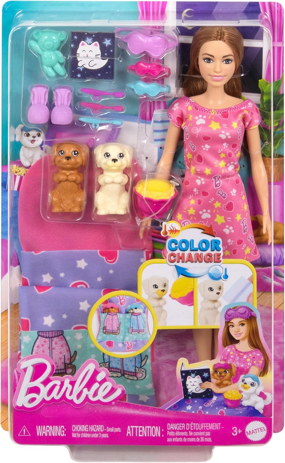 Thumbnail 5 de Barbie Spielset „Welpen-Pyjama-Party“ (HXN01) mit Puppe, 2 Spielzeughunden und über 10 Zubehörteilen
