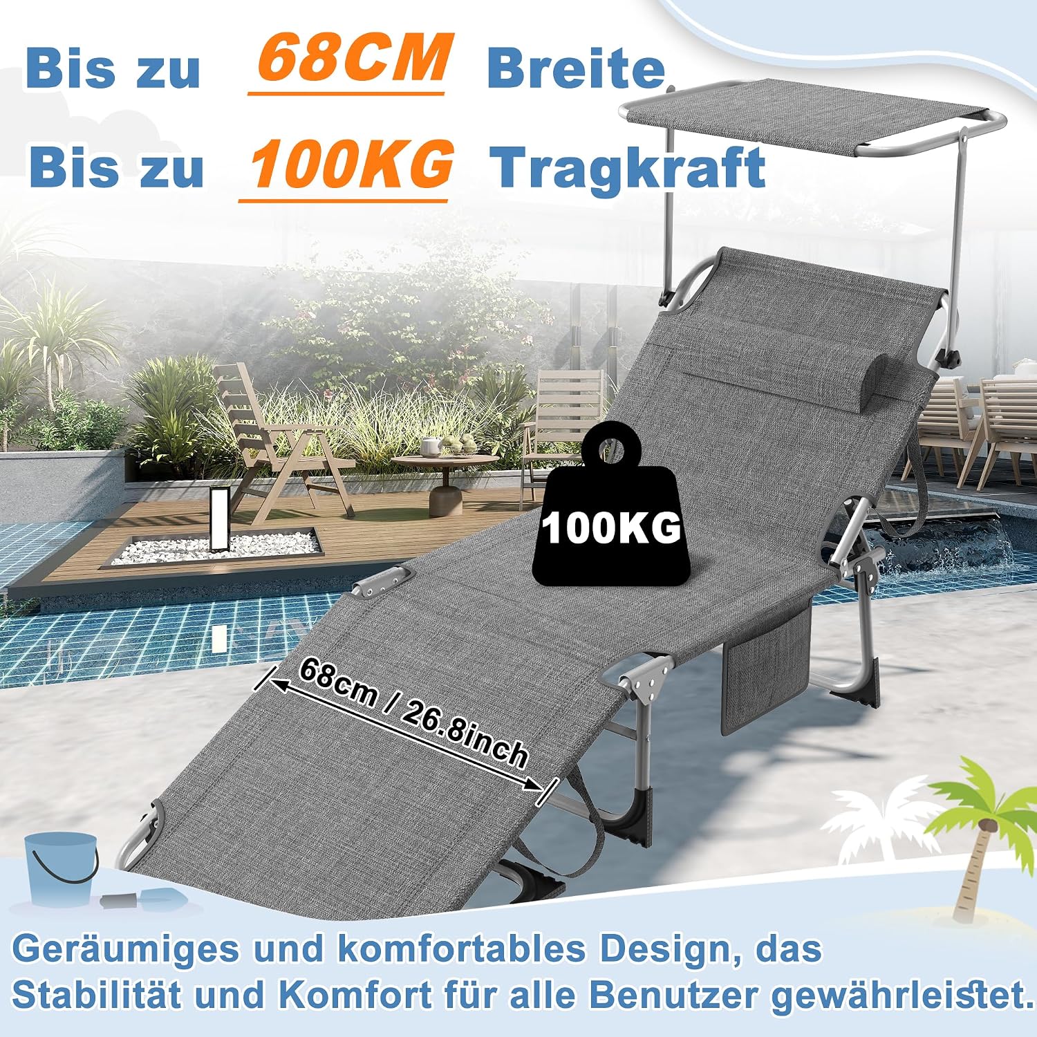 Detalle de AufuN Sonnenliege Klappbar mit Dach und Seitentasche – 195x68 cm, Grau