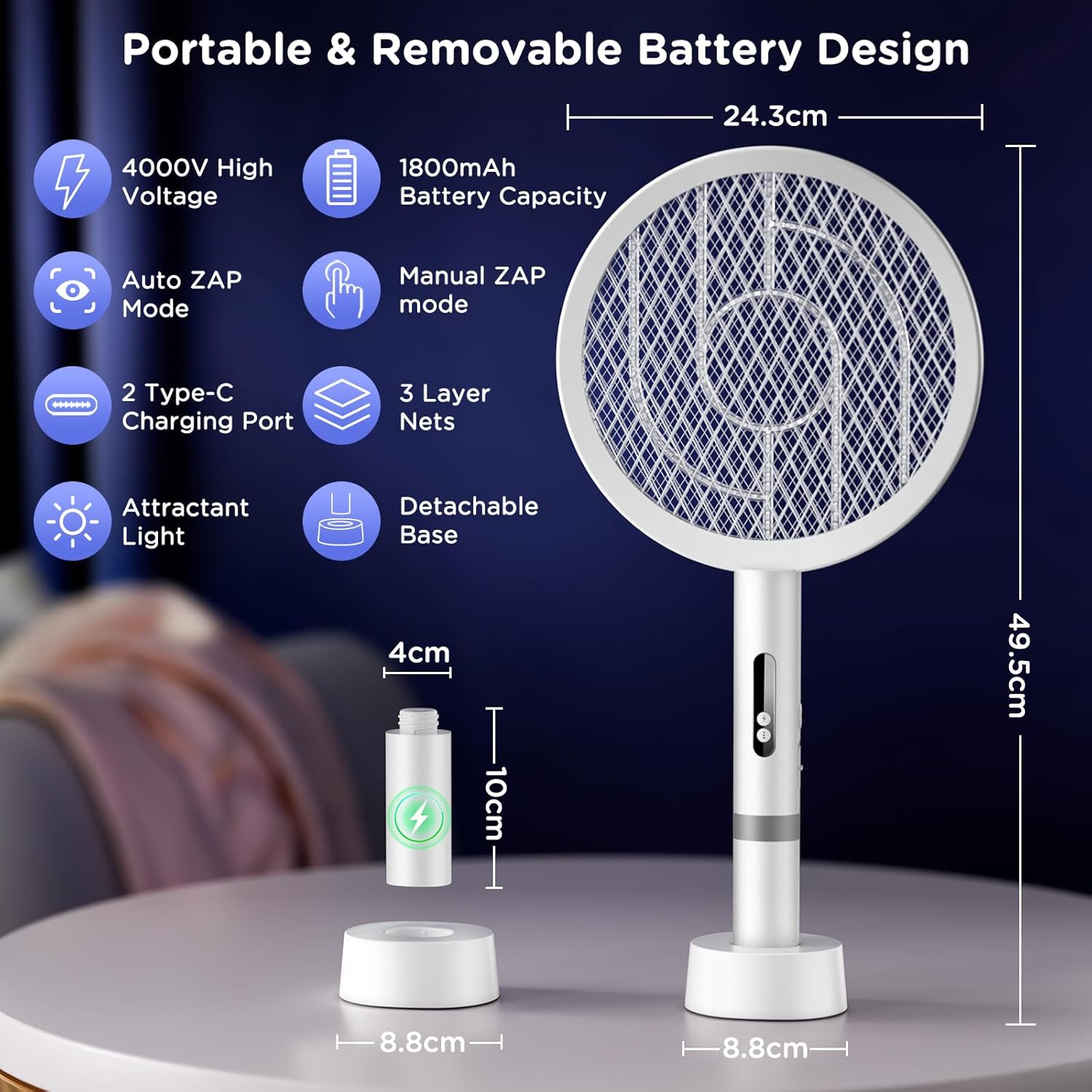 Detalle de BKXCHA 2 en 1 Raquette Électrique Insectes, 4000V – Moustique, 1800mAh, USB Rechargeable, 3 couches de protection