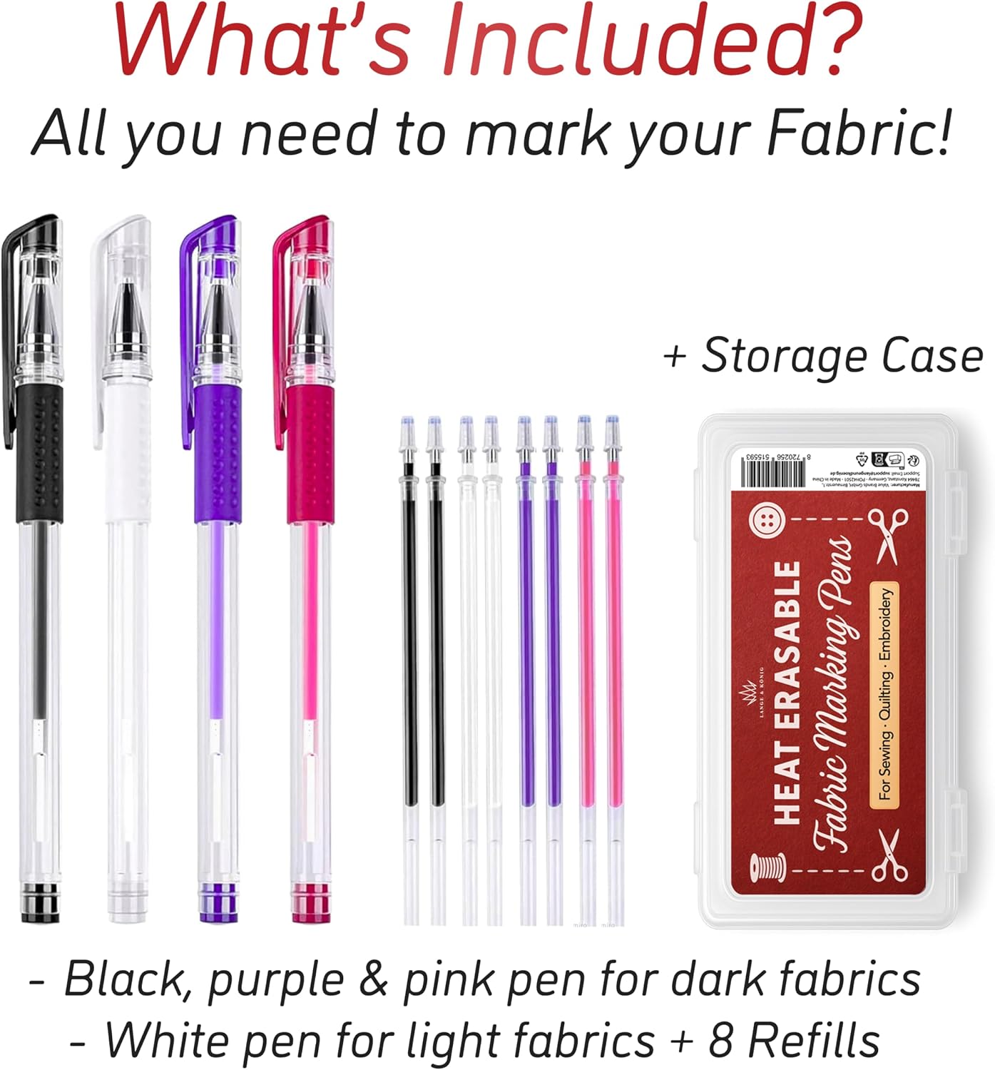 Detalle de Lange & König 4x Heat Erasable Fabric Marking Pens for Sewing – 4 Pens + 8 Refills