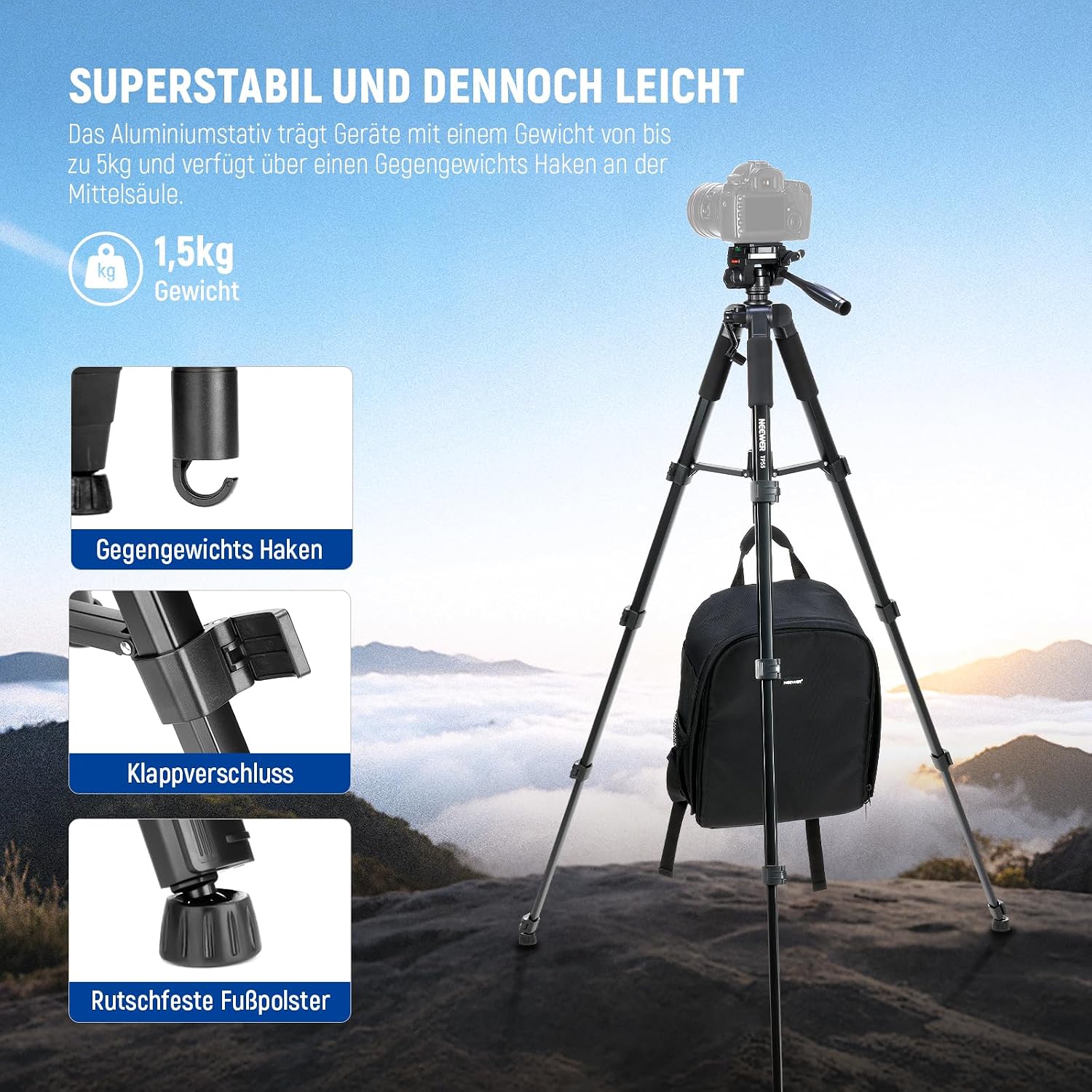 Thumbnail 3 de NEEWER Basics Kamerastativ TP55 (71 Zoll) mit Handyhalterung – leichtes Aluminium-Reisestativ