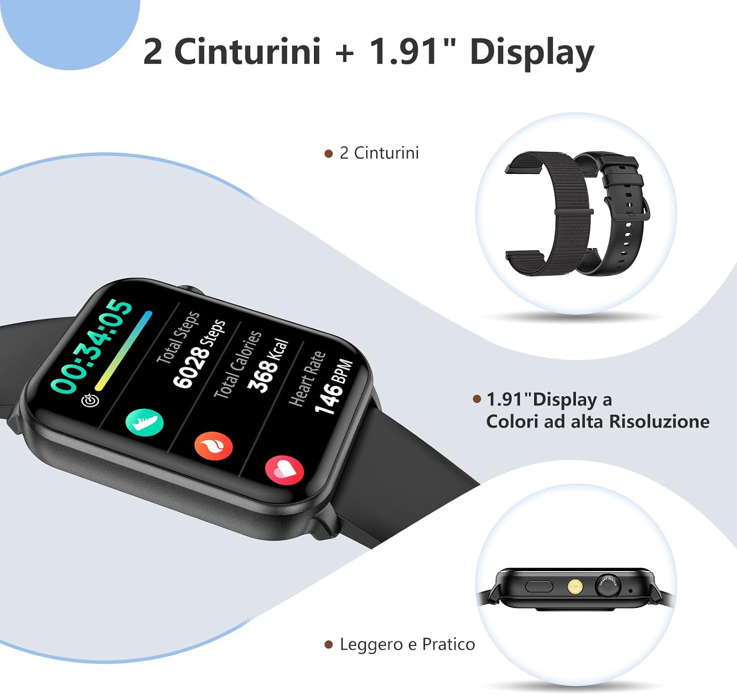 Detalle de Baolubao Smartwatch Uomo Donna con Chiamate Bluetooth, LED Torcia e 2 Cinturini - DIY Quadranti