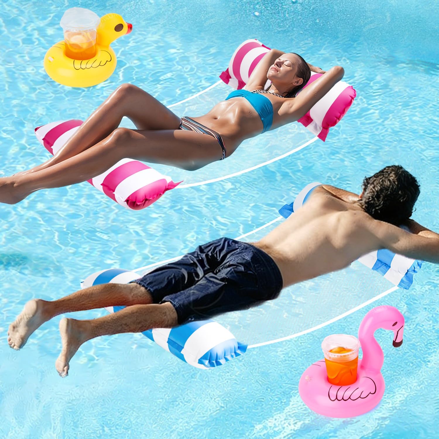 Thumbnail 4 de 2 Pack Netted Lilo Pool Inflatables with Pump and Drink Holders (2 Water Hammocks, 4-in-1 Hammock Floats)