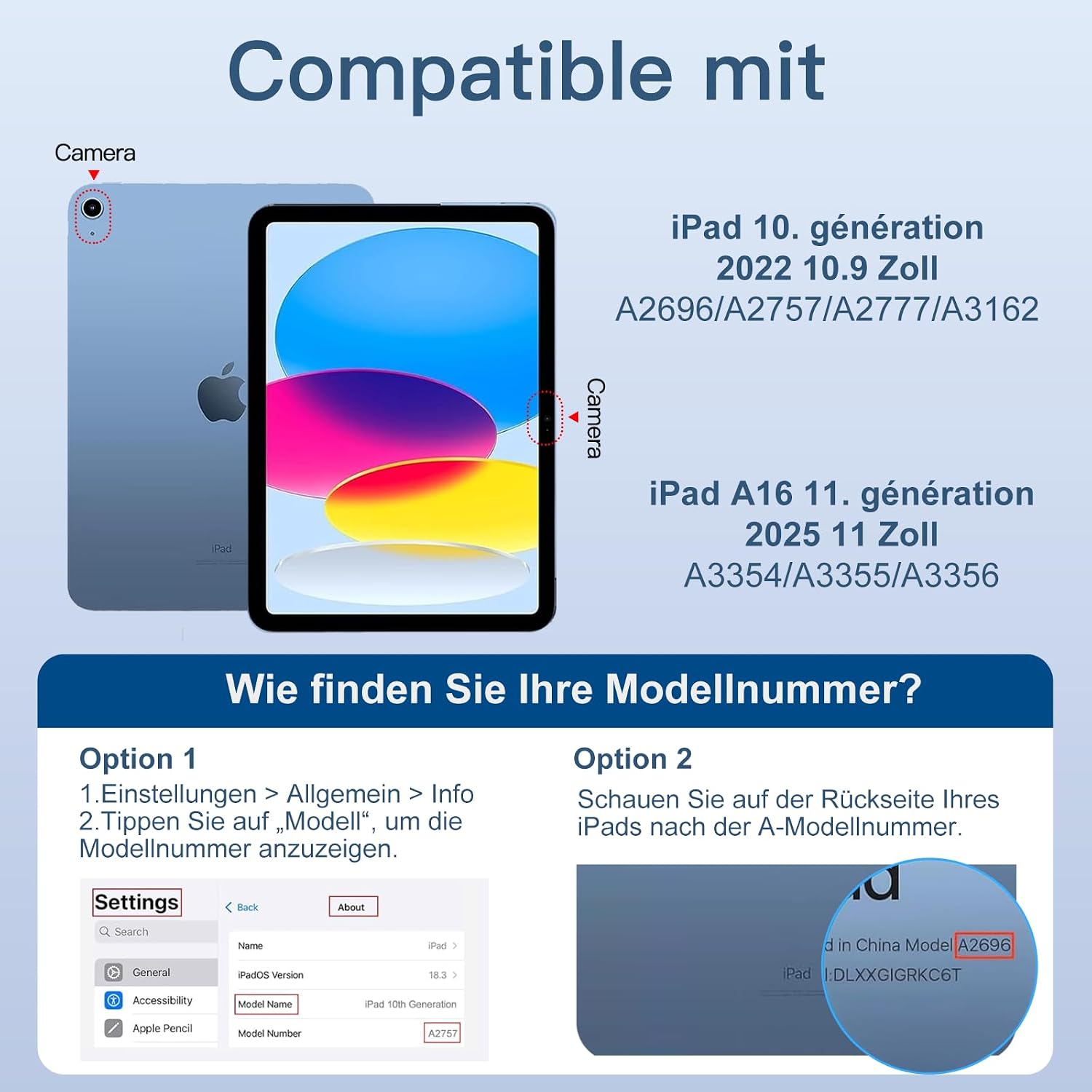 Detalle 2 de drivego 360° drehbare Hülle für iPad (A16) – magnetisch, abnehmbar, mit Stifthalter, transparentem Hart-PC-Backcover, blau