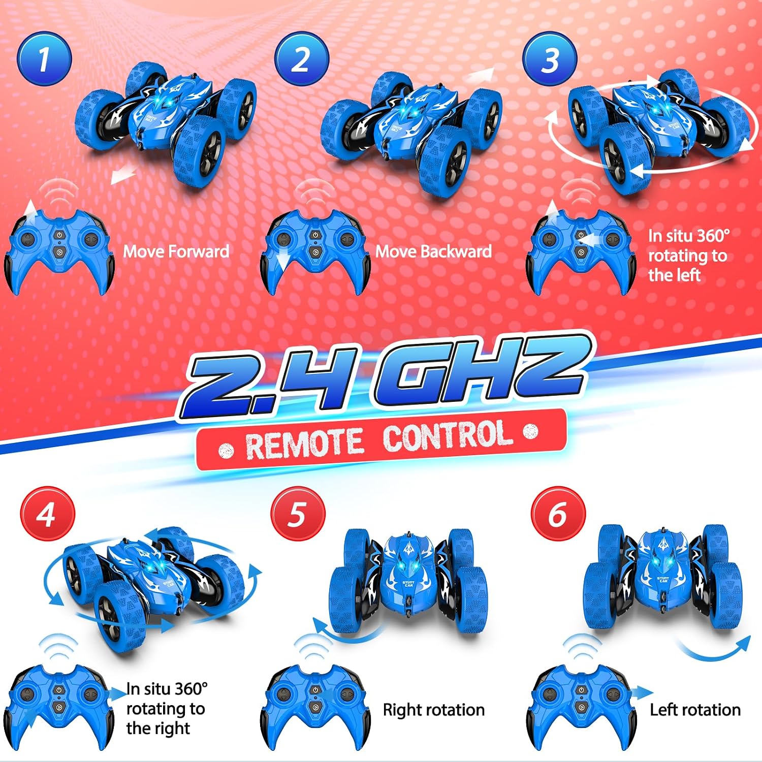 Detalle 2 de Dreamlandia Remote Control Cars – 2.4GHz LED stunt car with 360 flips for boys (age 3-9)