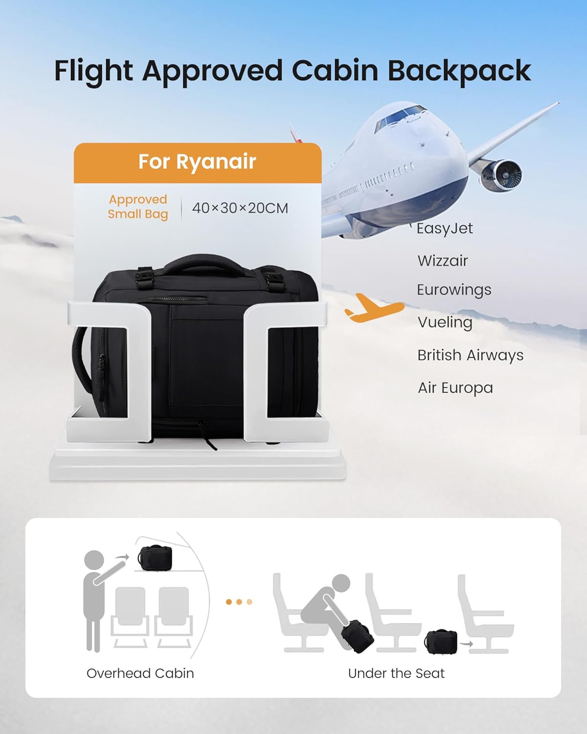 Detalle 2 de LOVEVOOK Ryanair Handgepäck 40x30x20 Reiserucksack für Damen – 14 Zoll Laptop, Cabin Bag Schwarz