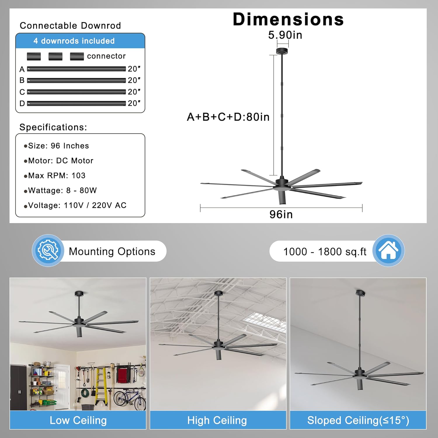 Detalle de Ohniyou GLX049 96-Inch Industrial Ceiling Fan, 7 Aluminum Blades, Remote and App Control