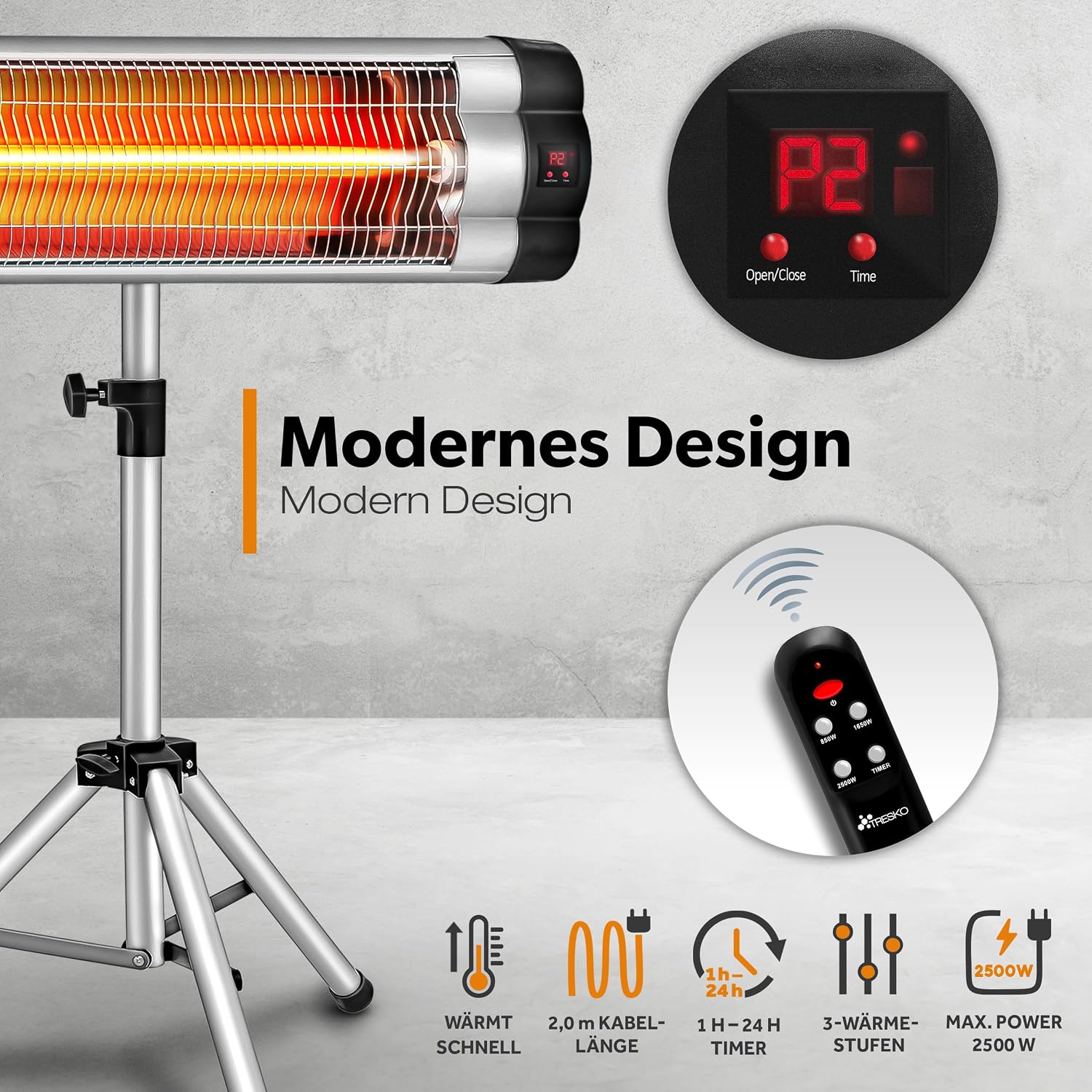 Detalle 2 de TRESKO THSL-001 infrarood terrasverwarmer 2500 W met afstandsbediening