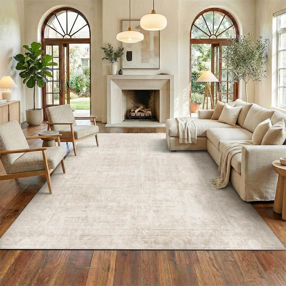 Detalle de Homemate Washable Rug 8x10 Area Rugs (Vintage Faux Wool Look) — Beige, Non-Slip Foldable Carpet