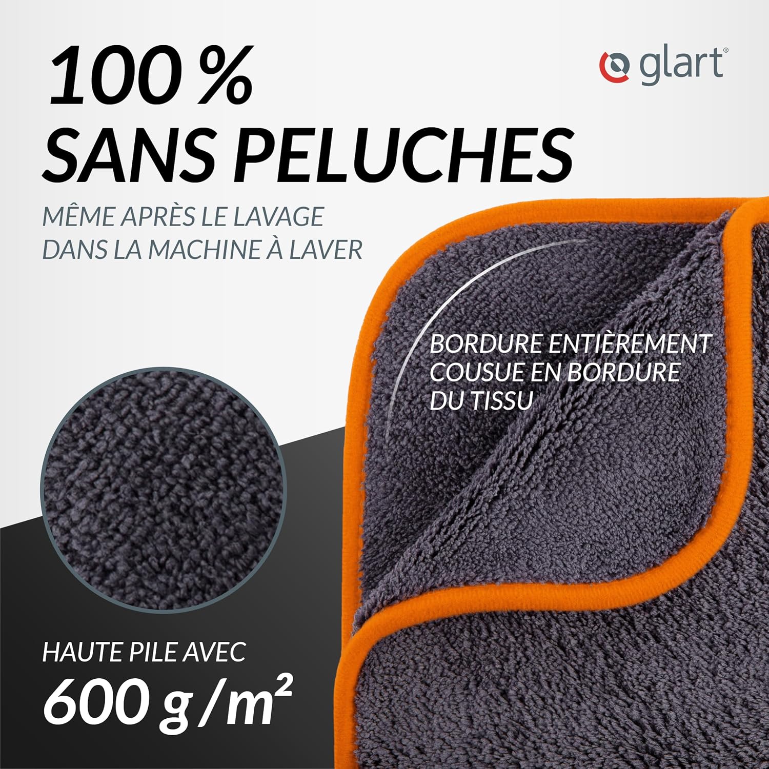 Detalle de Glart 443TPO Lot de 3 Chiffons Microfibre 40x40 cm, Anthracite + Bord Orange – Ultra Absorbants et Polyvalents