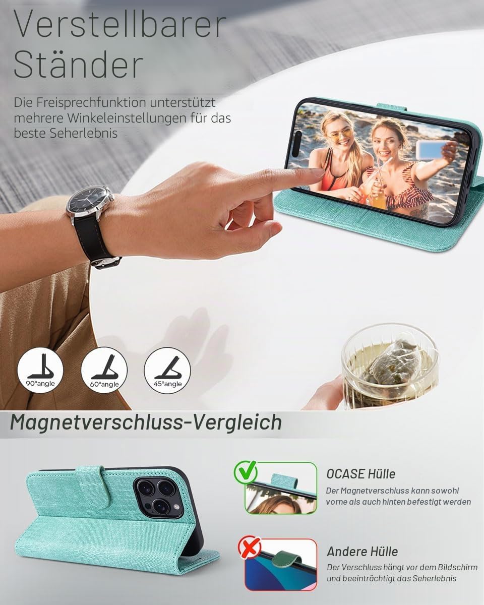 Detalle 2 de OCASE iPhone 16 Pro Hülle mit Kartenfach, Standfunktion & RFID-Schutz (PU-Leder) – Klapphülle für 6,3 Zoll