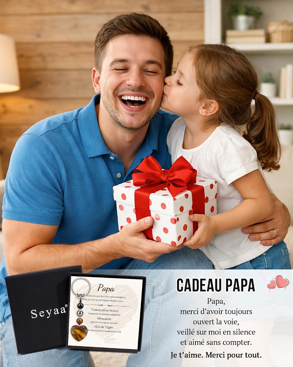 Detalle de Seyaa Cadeau Fete des Peres – Porte-clef Coeur en Œil de Tigre, Pierre Naturelle
