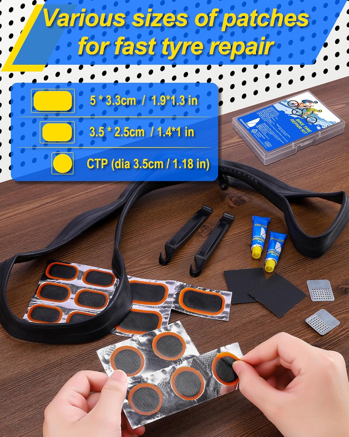 Detalle de Beanewone Puncture Repair Kit – Portable Bike Tyre Kit with 18 Patches, 2 Rubber Solutions, Levers and Rasp
