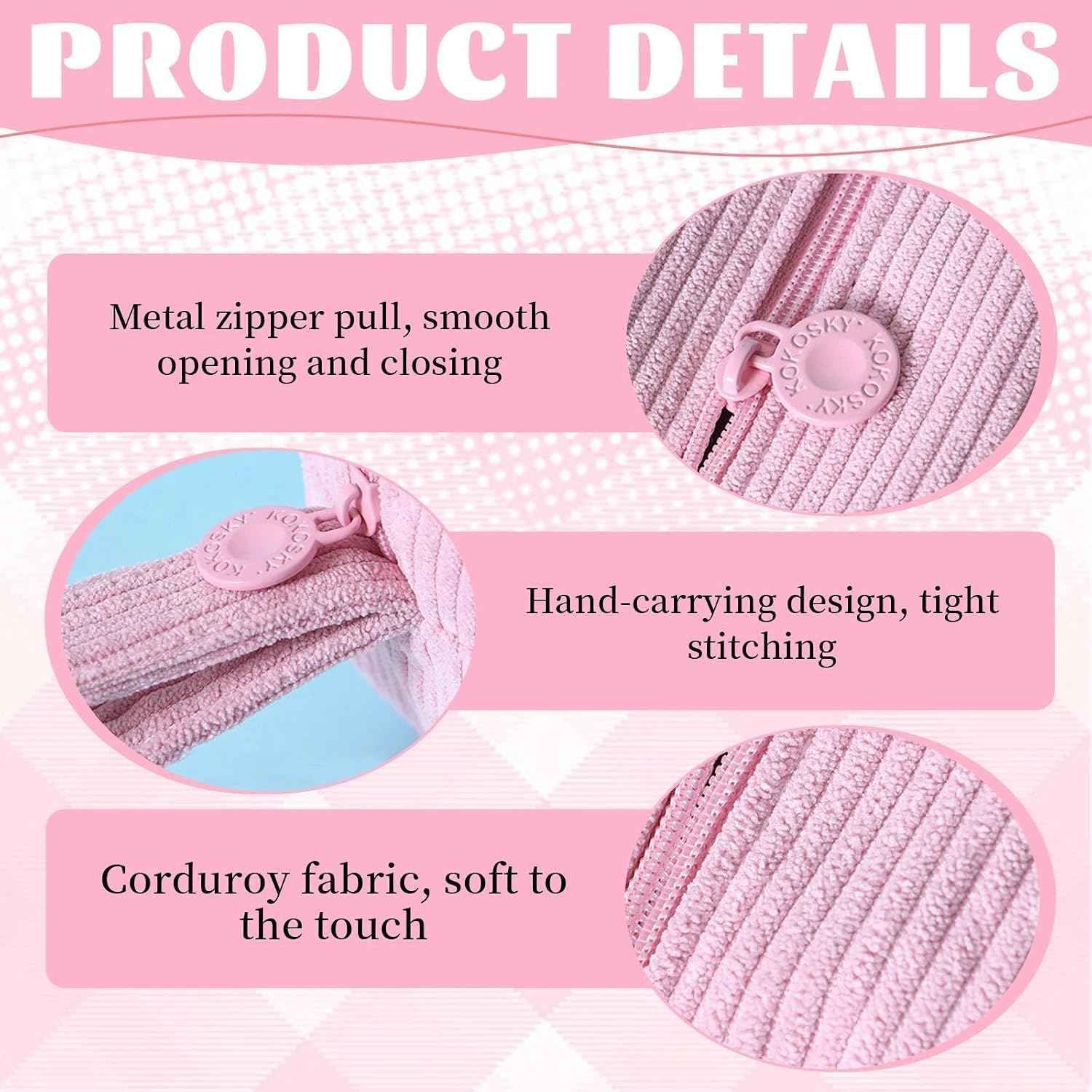 Detalle de Touosy Federmäppchen aus Cord-Stoff – Großes Cord-Mäppchen mit 3 Fächern, Unisex, rosa
