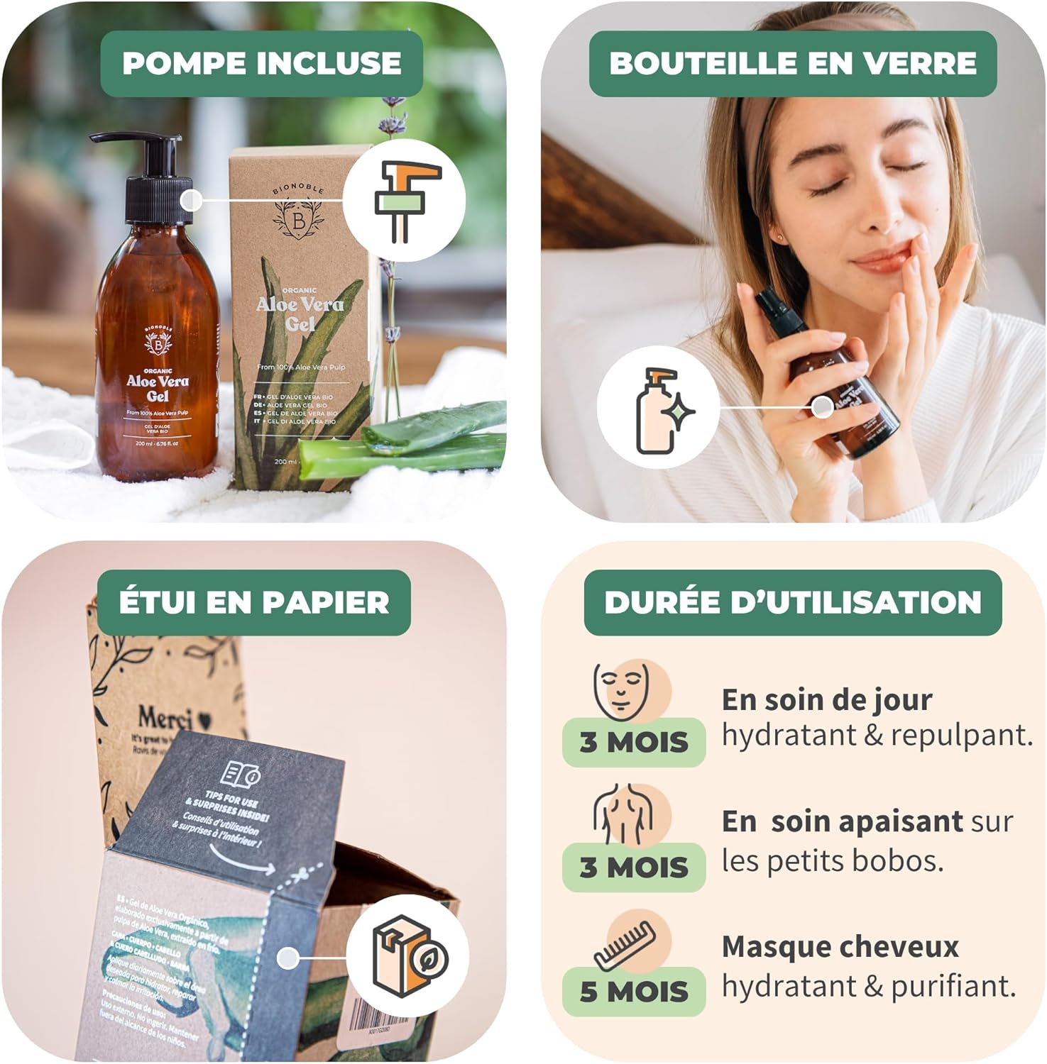 Thumbnail 3 de BIONOBLE Gel Aloe Vera Bio 97% avec huile essentielle de lavande (200 ml) en flacon en verre