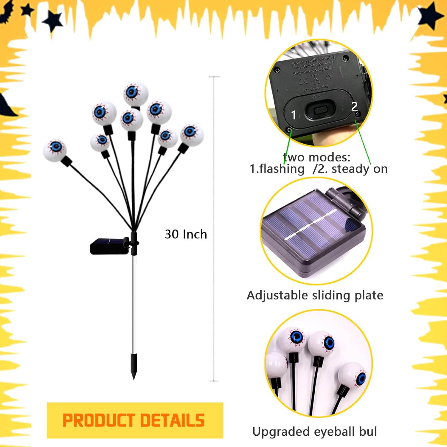 Detalle de KBG Solar Scary Eyeball Lights, 2-Pack Green Halloween Decor, 16 LEDs
