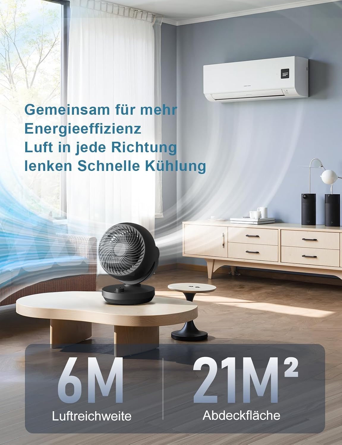 Detalle de Ventilator Leise – Tischventilator mit 22 dB, 35W, 3 Stufen + 100°/90° Neigung, kompakt & leise für Schlafzimmer, Büro & Wohnzimmer bis 21 m²