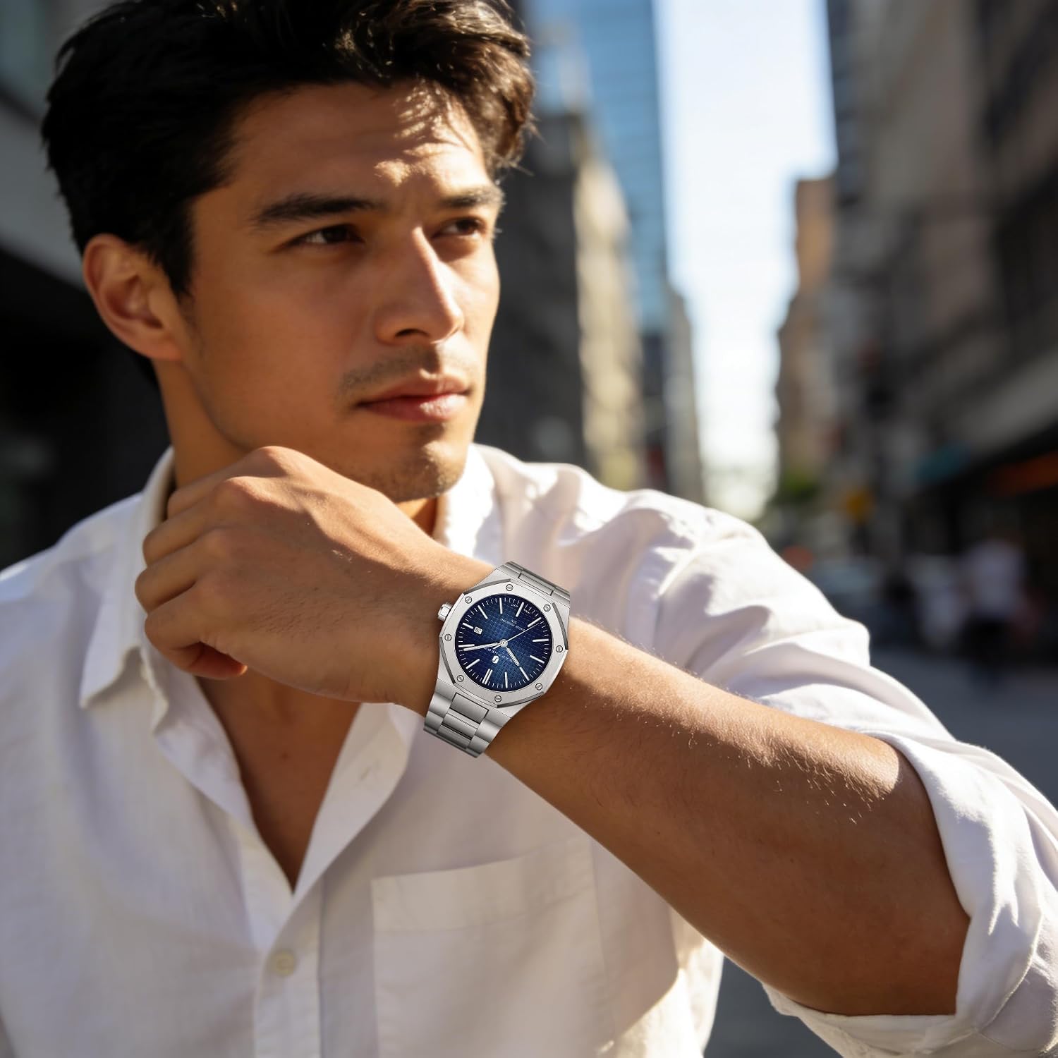 Detalle 2 de SAPPHERO montre homme octogonale en acier à quartz japonais – cadran damier, étanchéité 10/30M